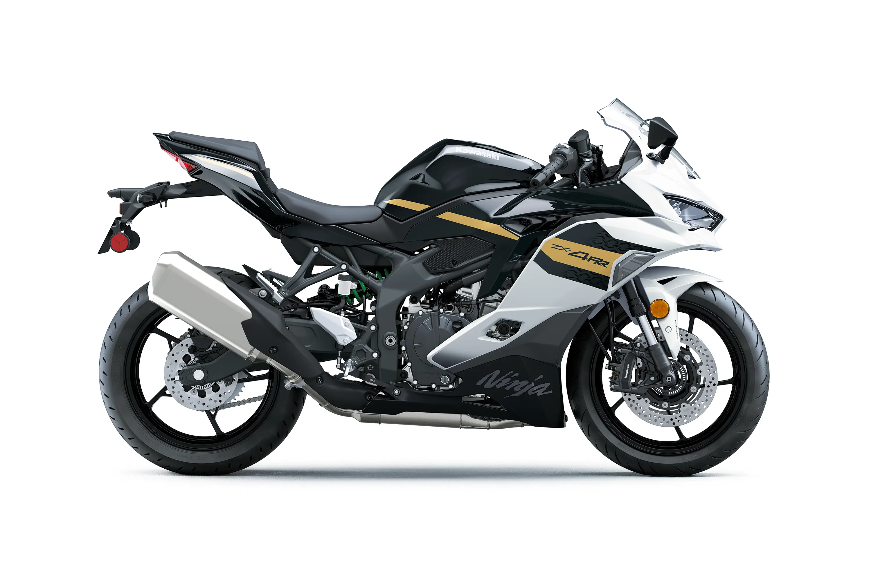 Side angle of a white and black motorcycle staged in a white studio background.