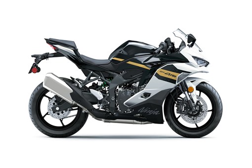Side angle of a white and black motorcycle staged in a white studio background. opens in a new window
