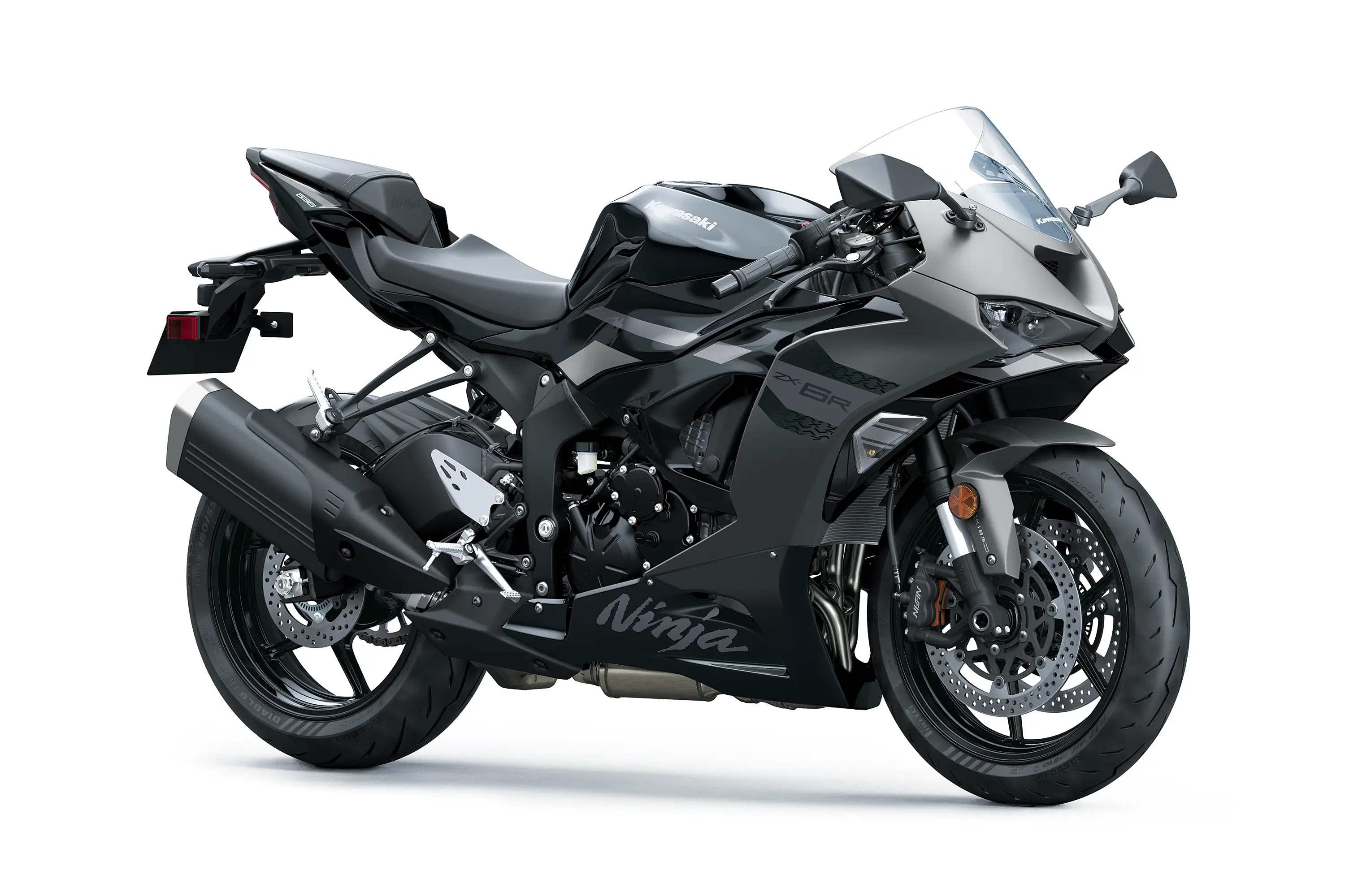 Three-quarter front angle of a black motorcycle staged in a white studio background.