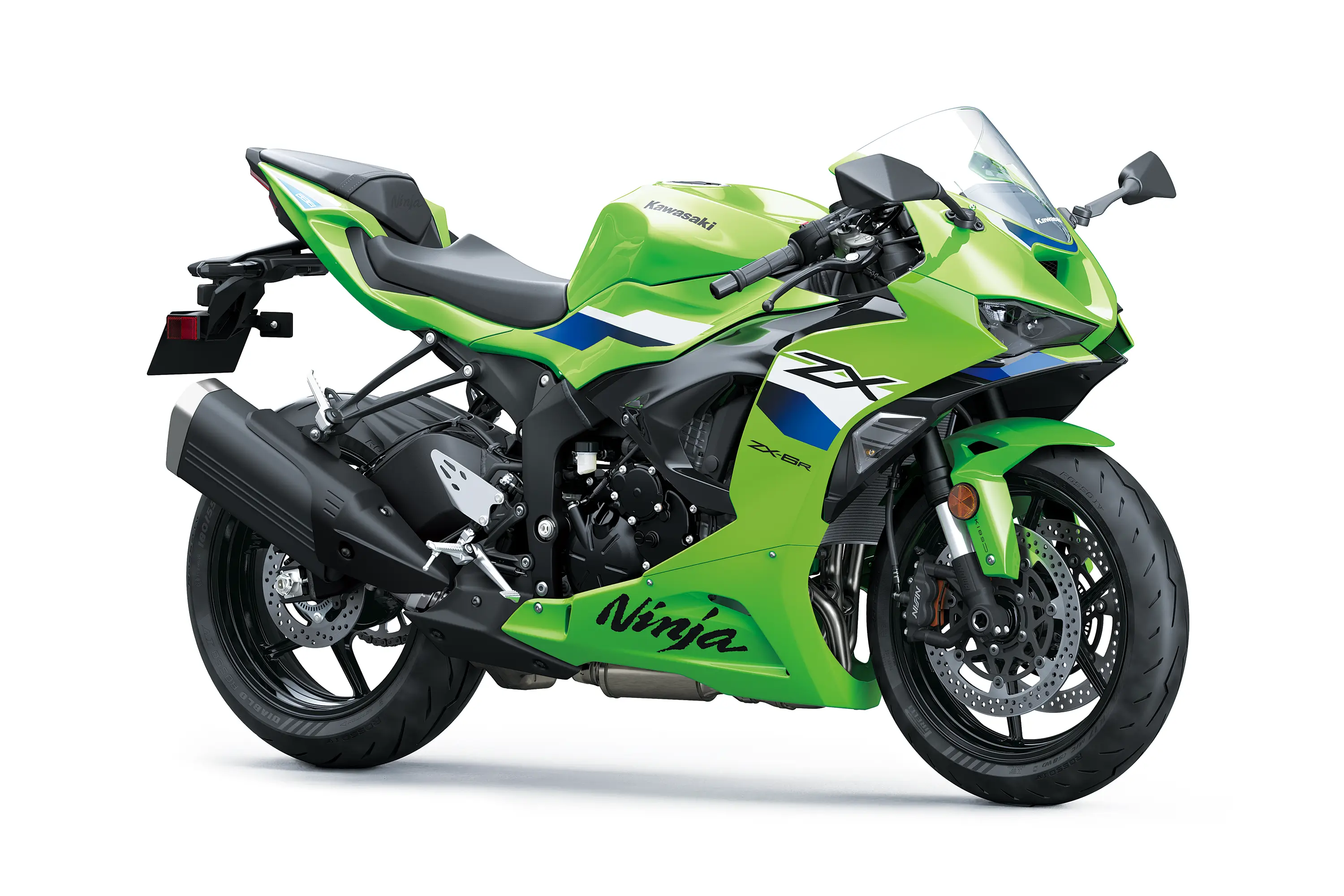 Three-quarter front angle of a green motorcycle staged in a white studio background.