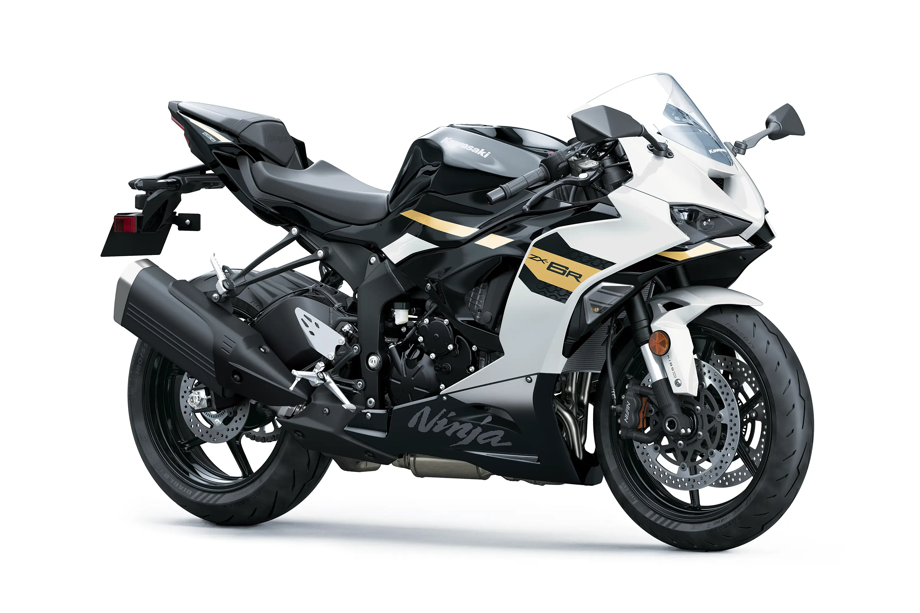Three-quarter front angle of a motorcycle staged in a white studio background.