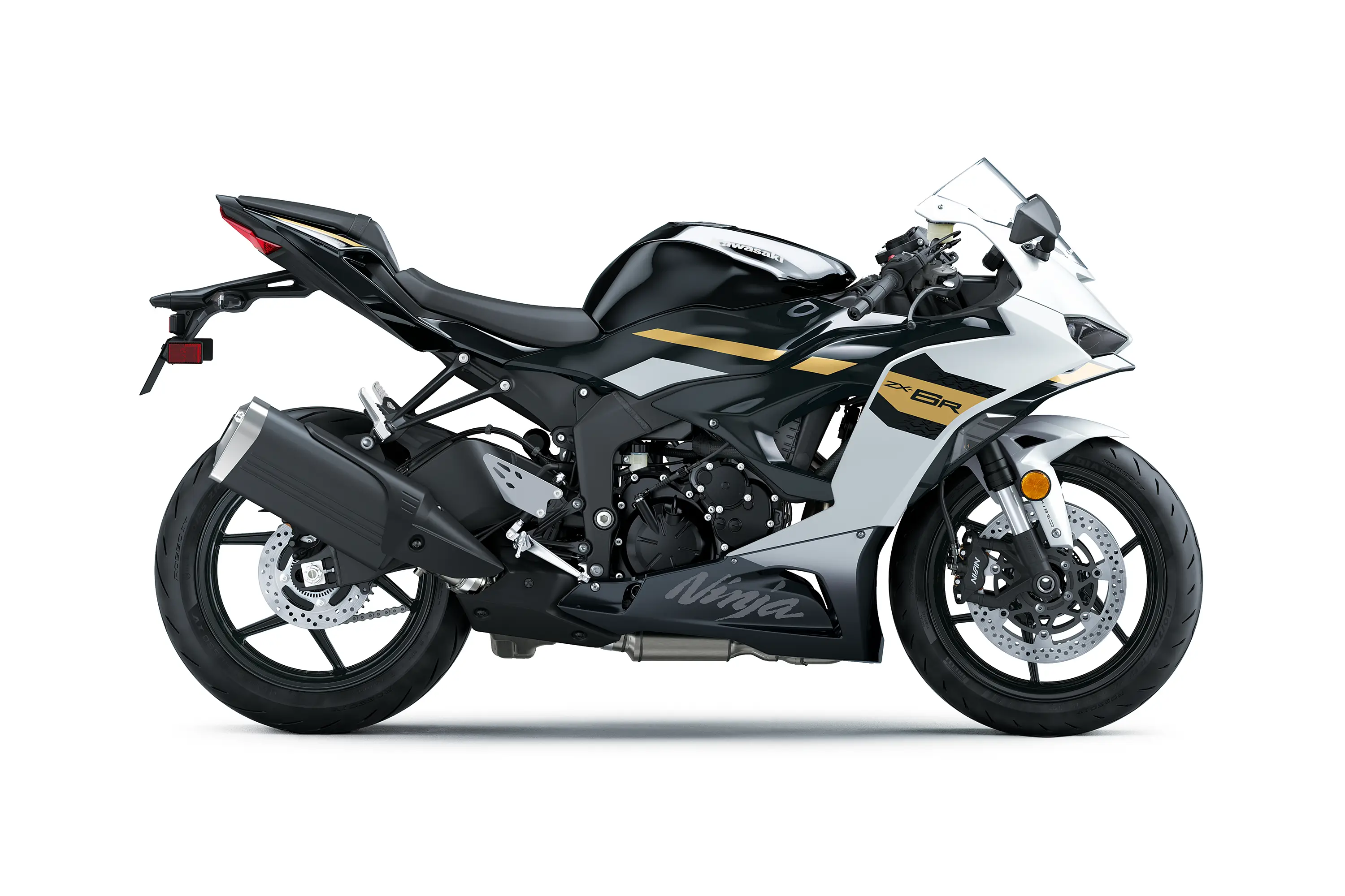 Profile angle of a motorcycle staged in a white studio background.