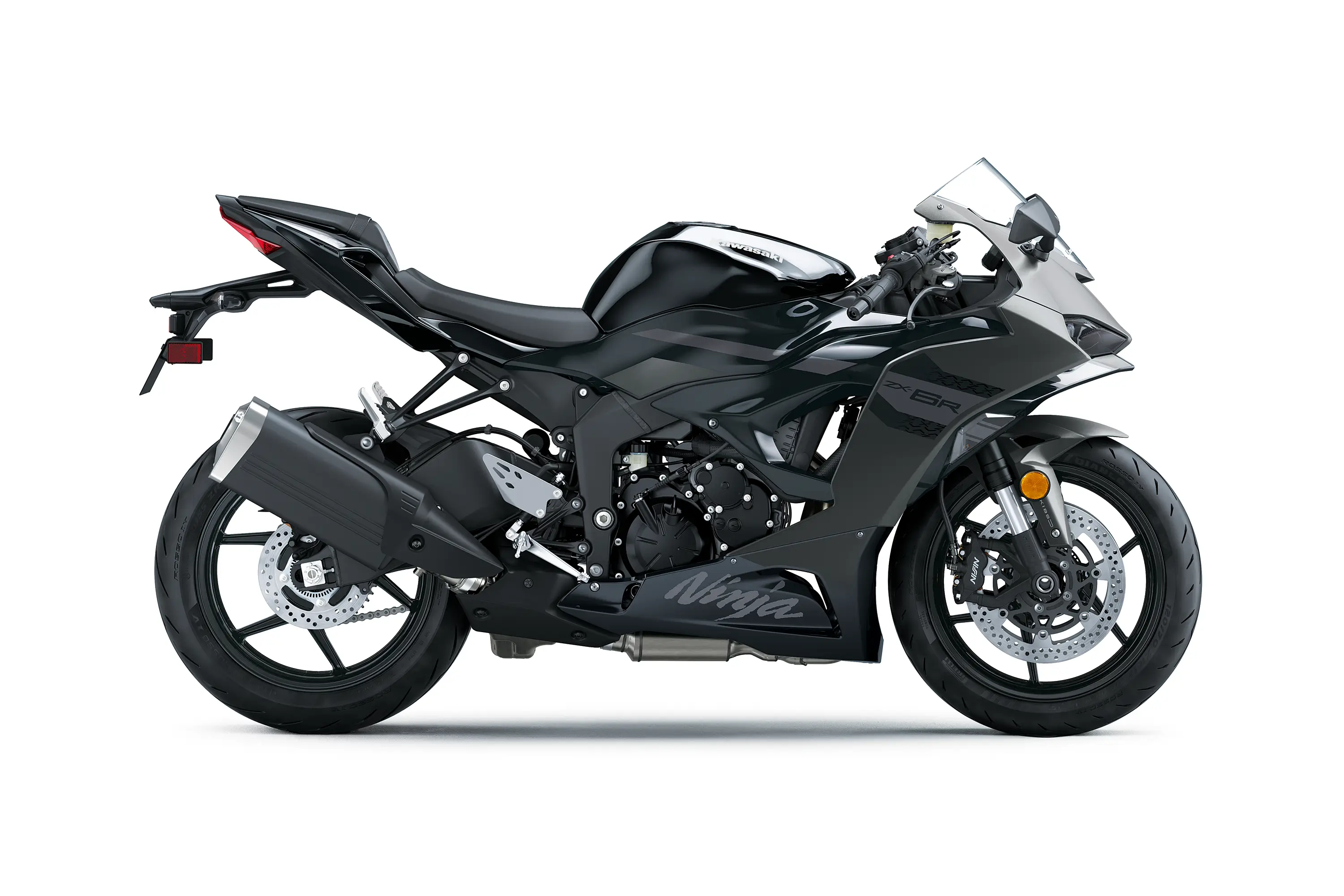 Profile angle of a black motorcycle staged in a white studio background.