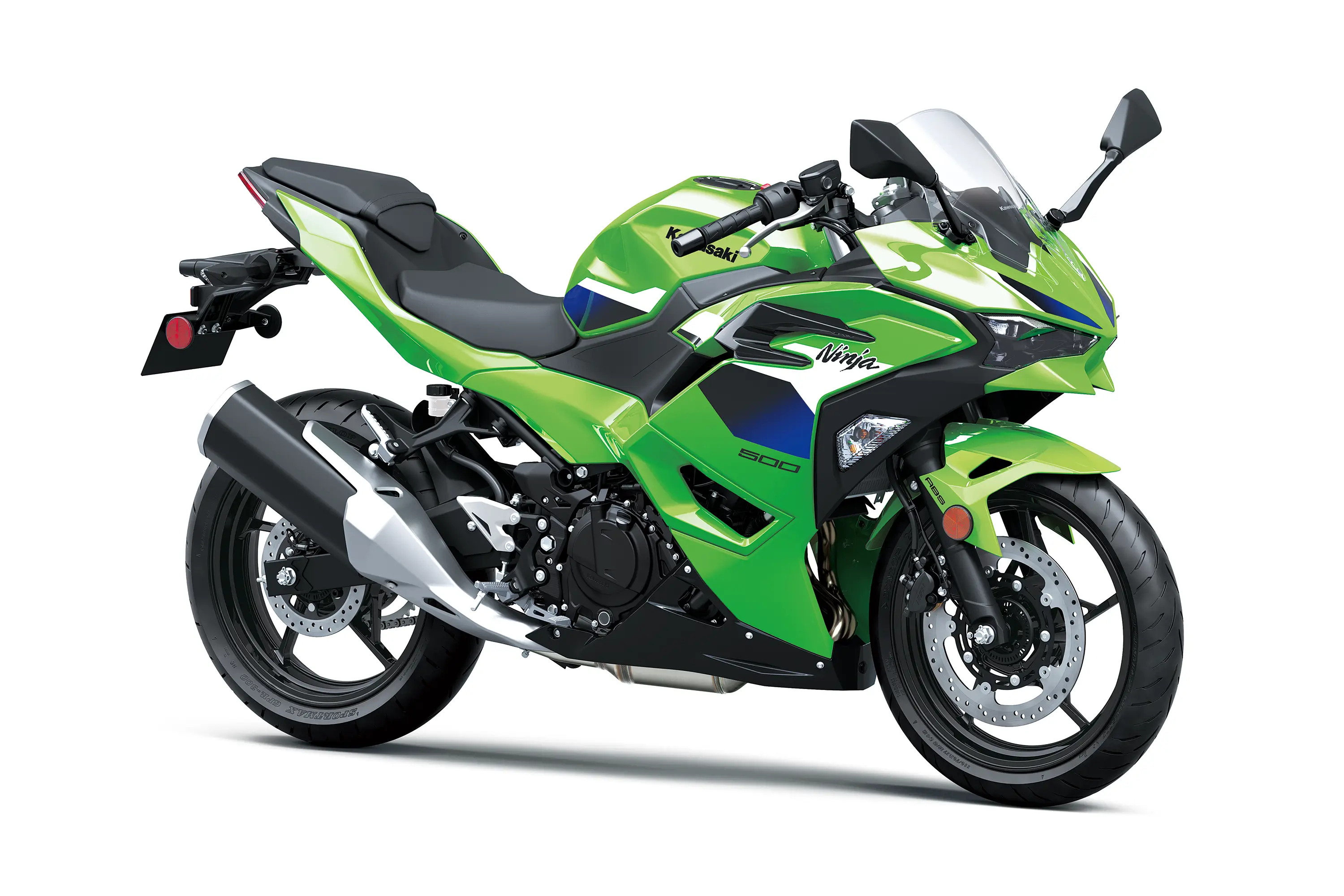 Three-quarter front angle of a green motorcycle staged in a white studio background.