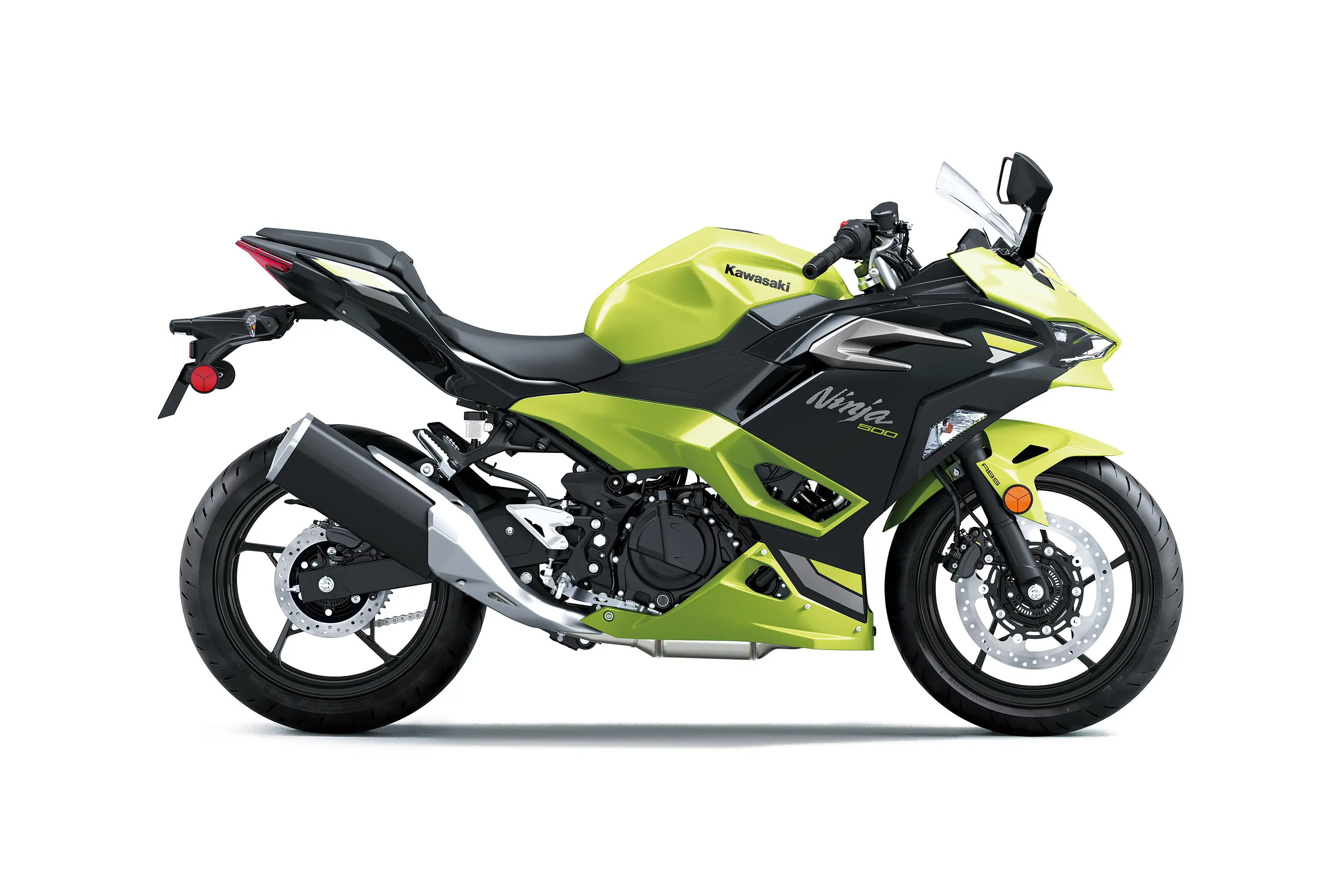 Profile angle of a motorcycle staged in a white studio background.