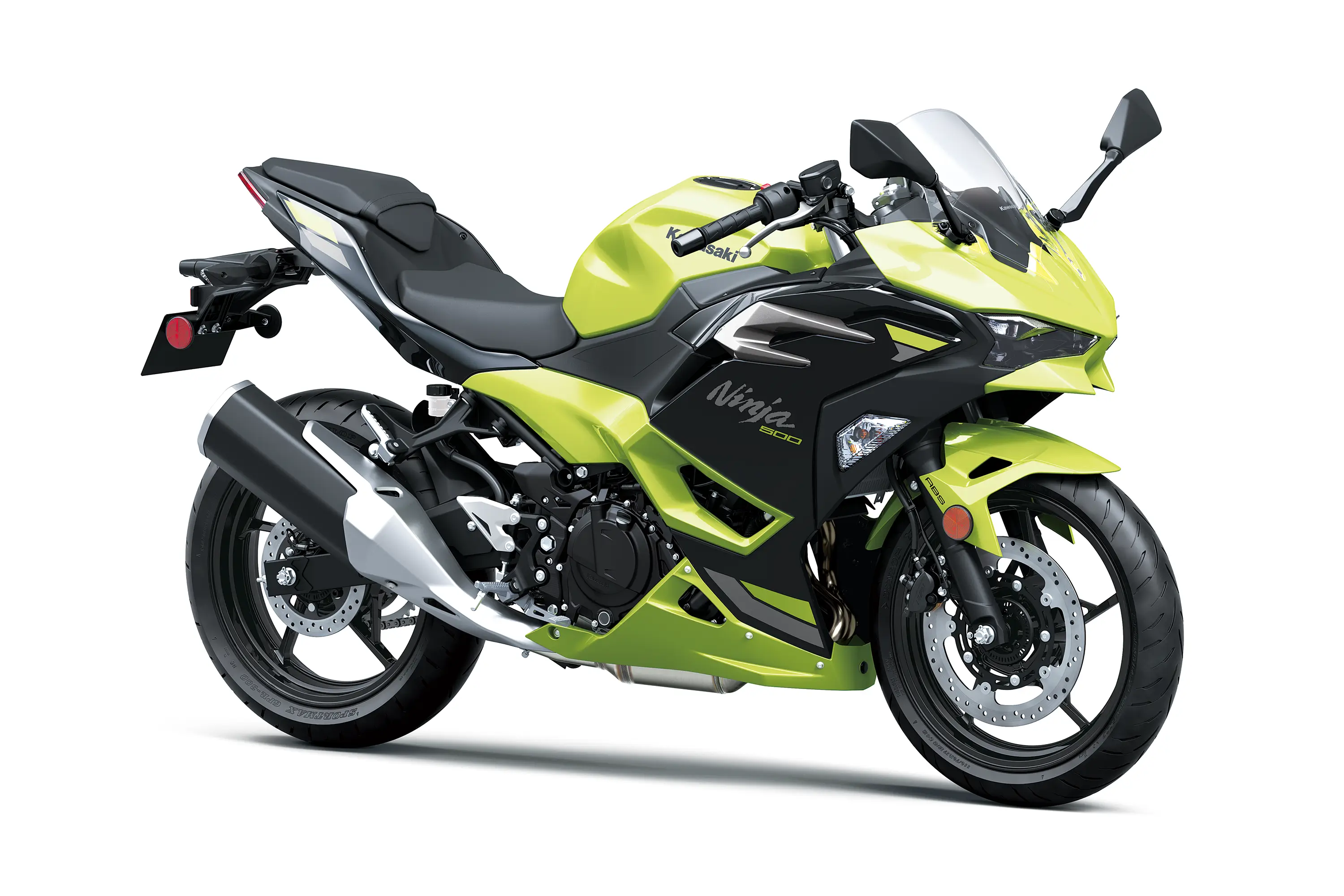 Three-quarter front angle of a motorcycle staged in a white studio background.