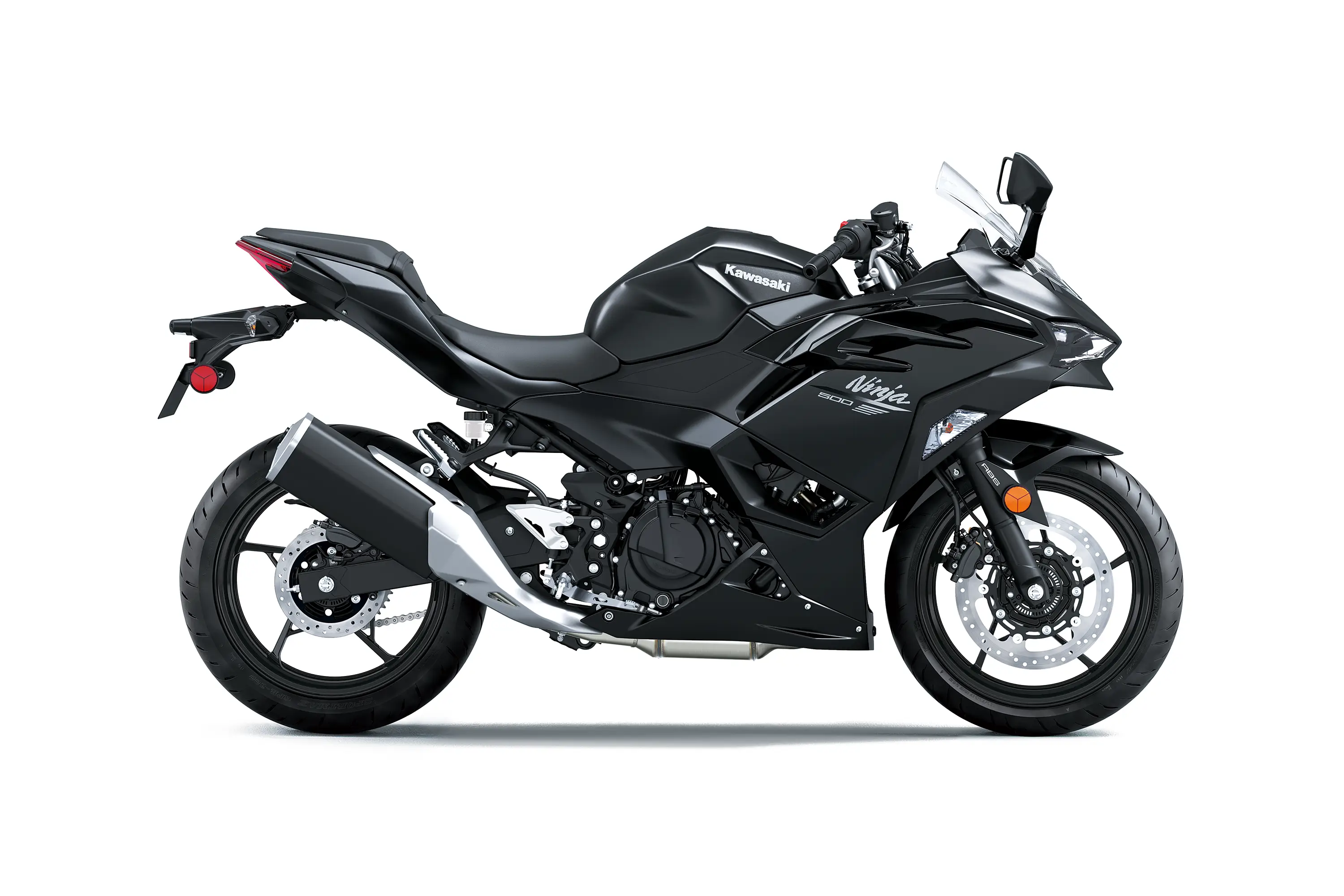 Profile angle of a black motorcycle staged in a white studio background.
