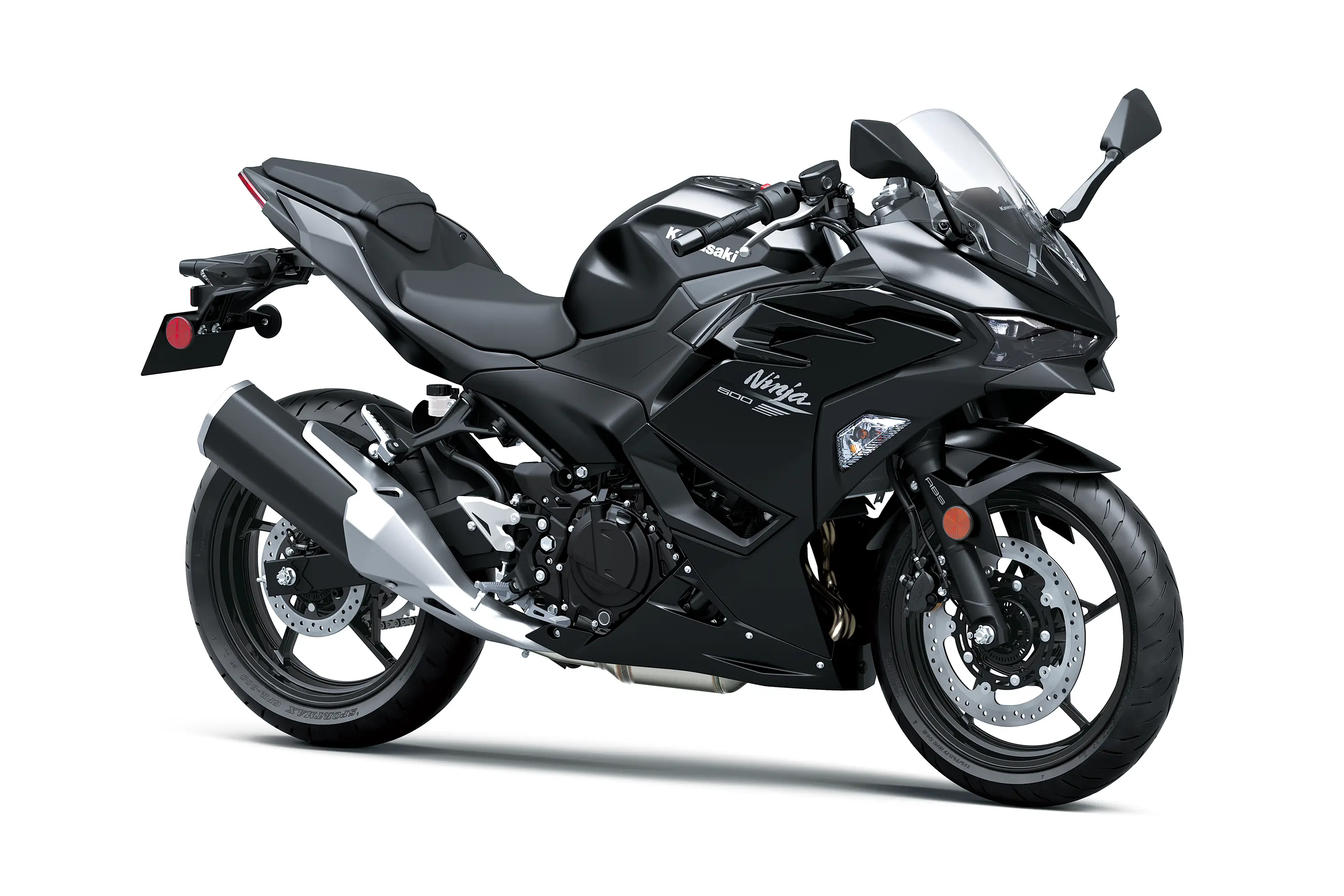 Three-quarter front angle of a black motorcycle staged in a white studio background.