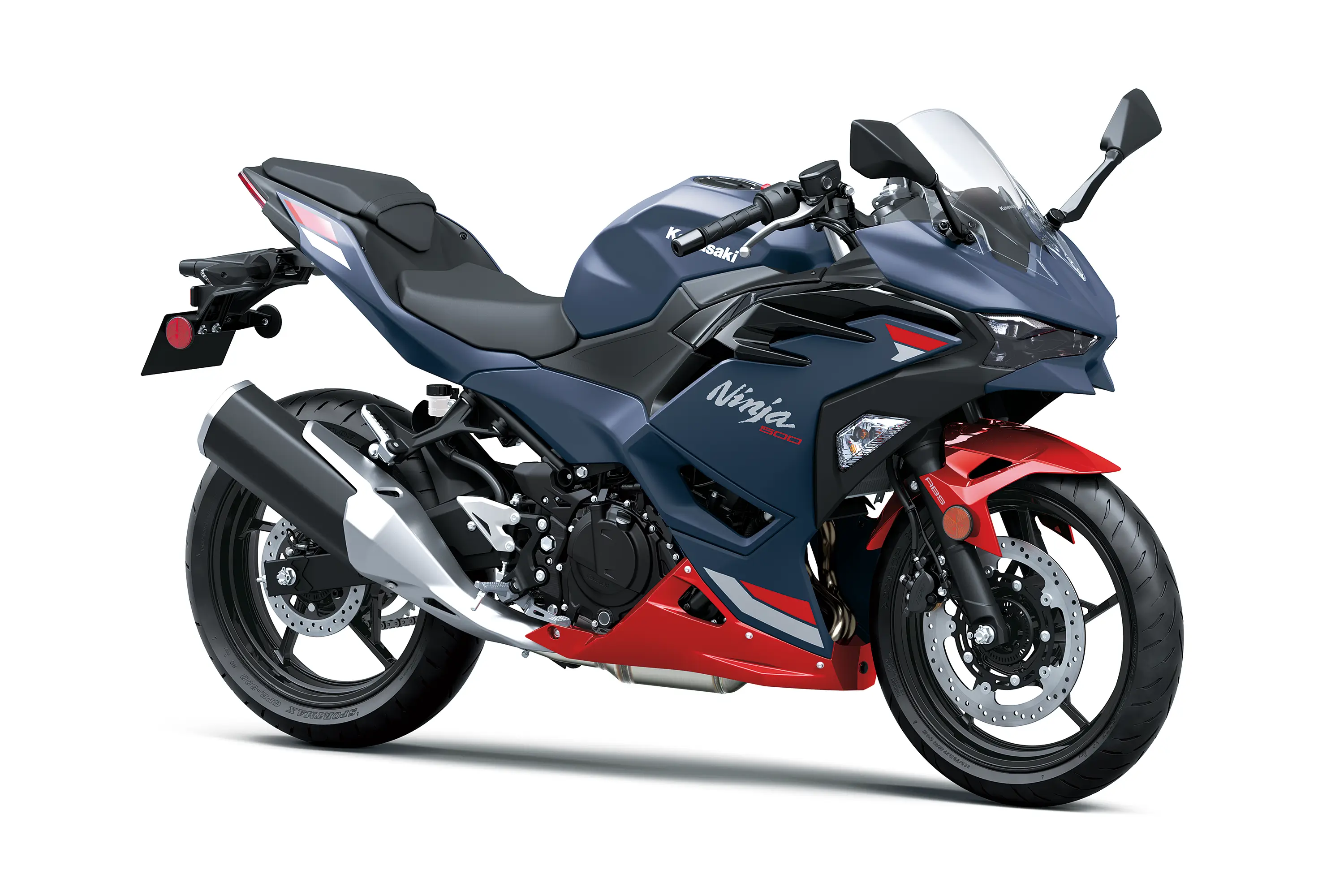 Three-quarter front angle of a blue motorcycle staged in a white studio background.