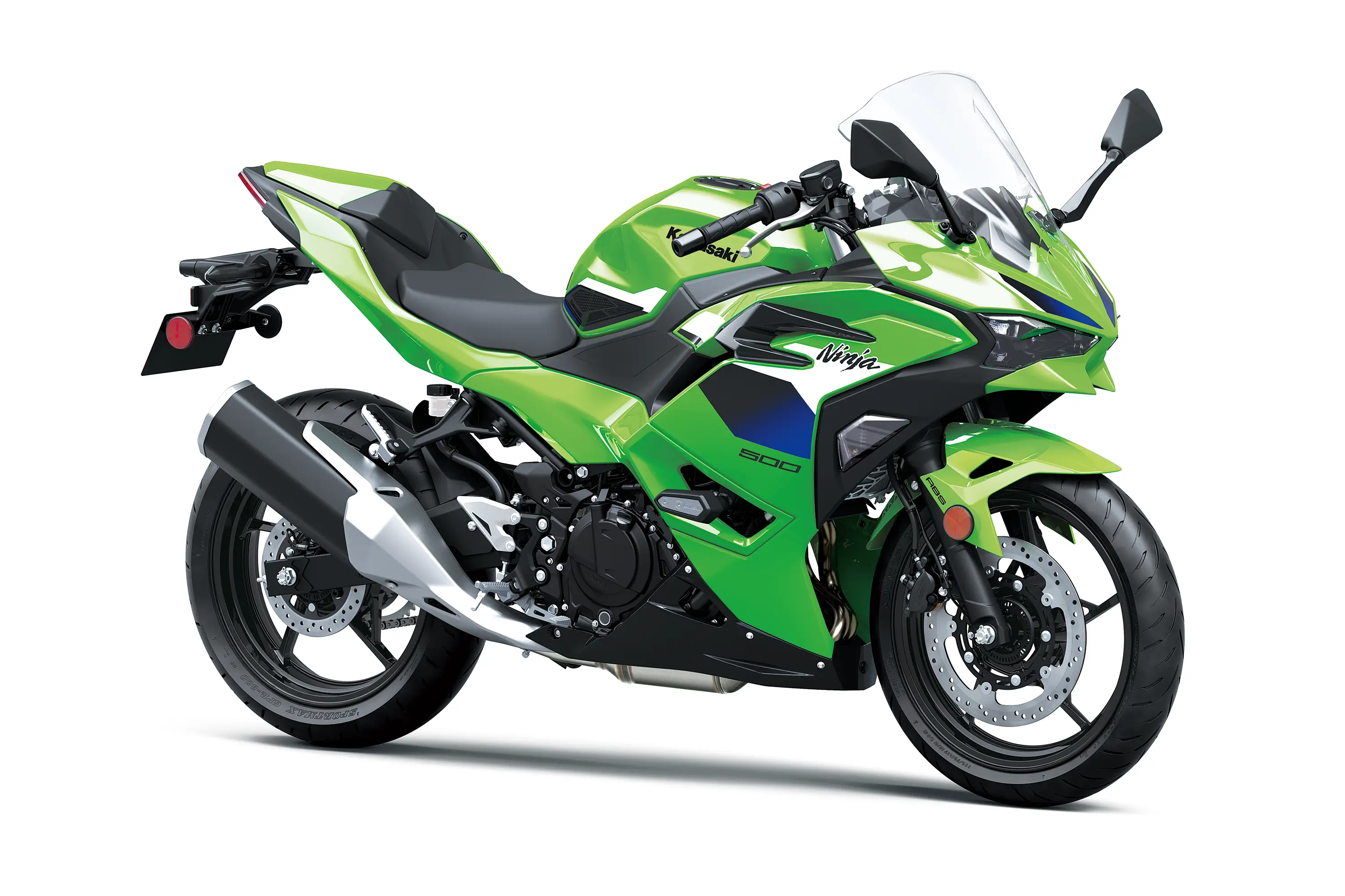 Three-quarter front angle of a green motorcycle staged in a white studio background.