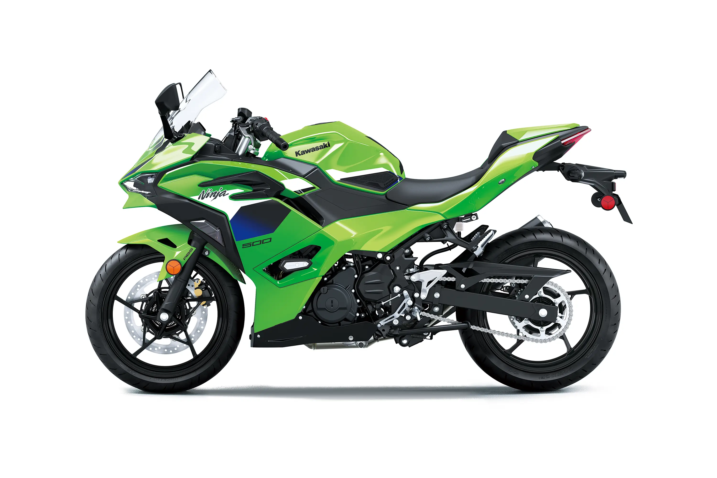 Side angle of a green motorcycle staged in a white studio background.