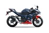 Profile angle of a blue motorcycle staged in a white studio background.