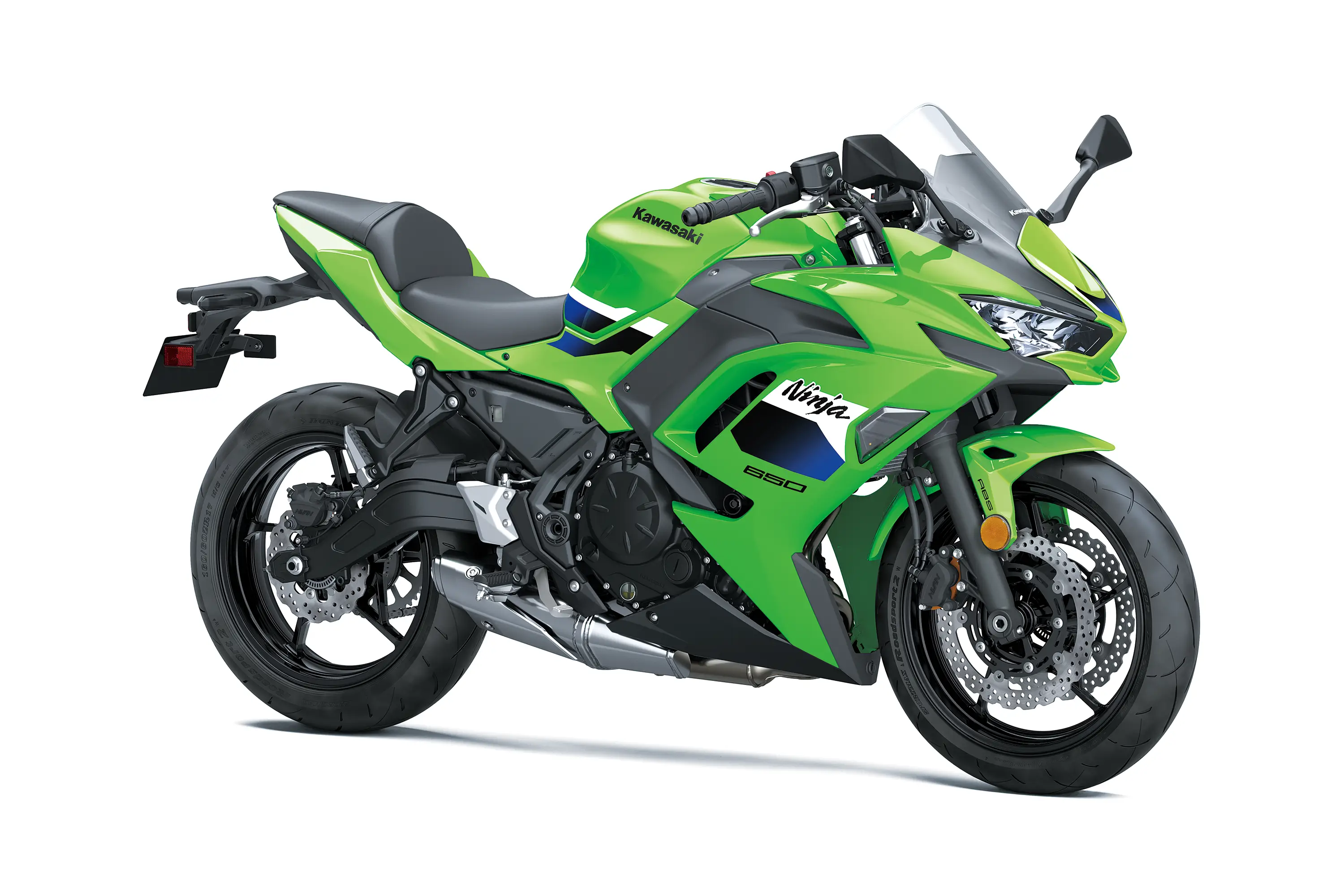 Three-quarter front angle of a green motorcycle staged in a white studio background.