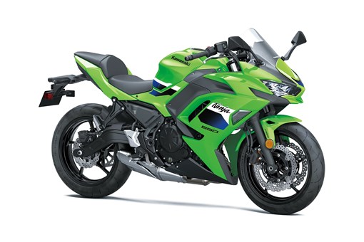 Three-quarter front angle of a green motorcycle staged in a white studio background. opens in a new window