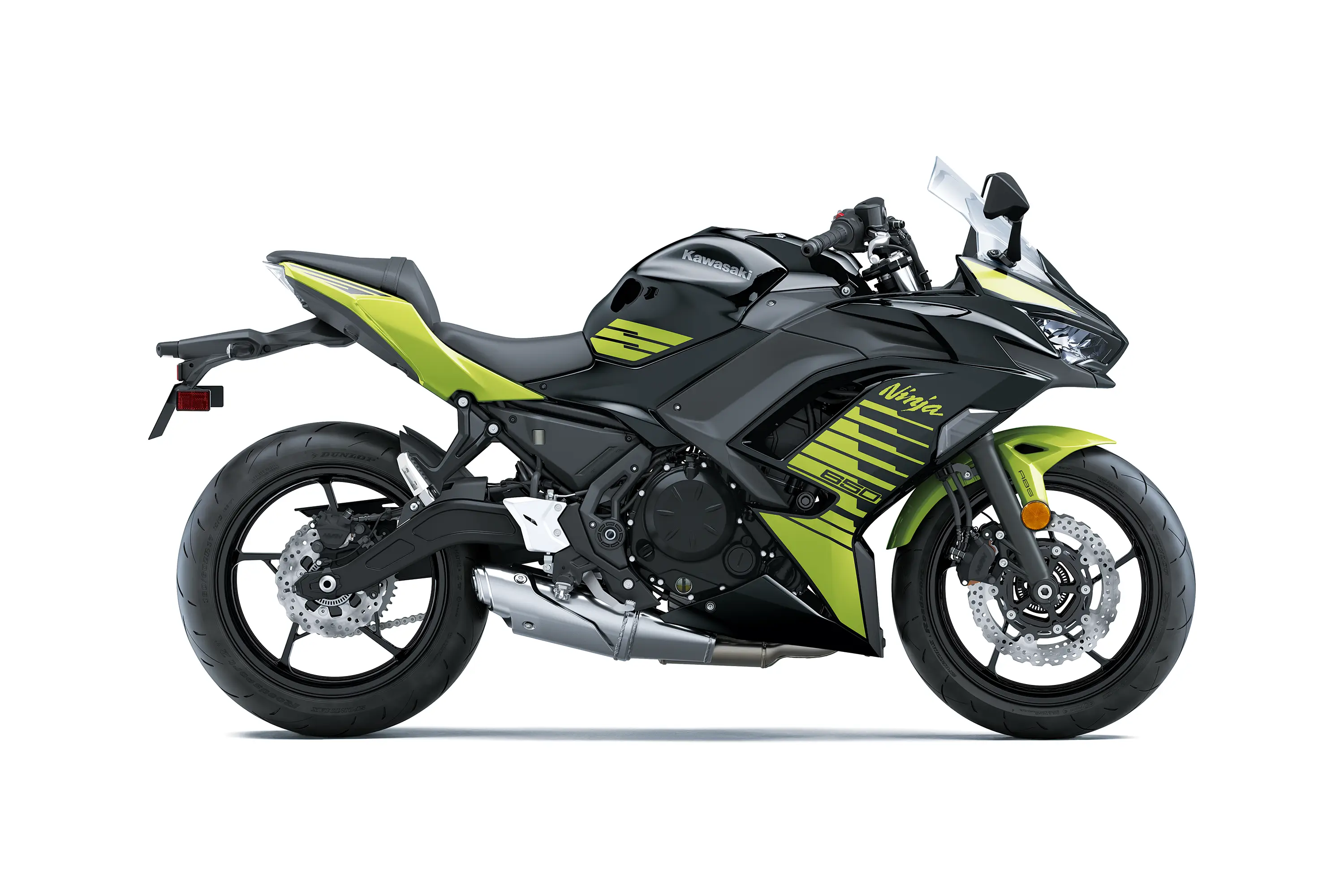 Profile angle of a motorcycle staged in a white studio background.