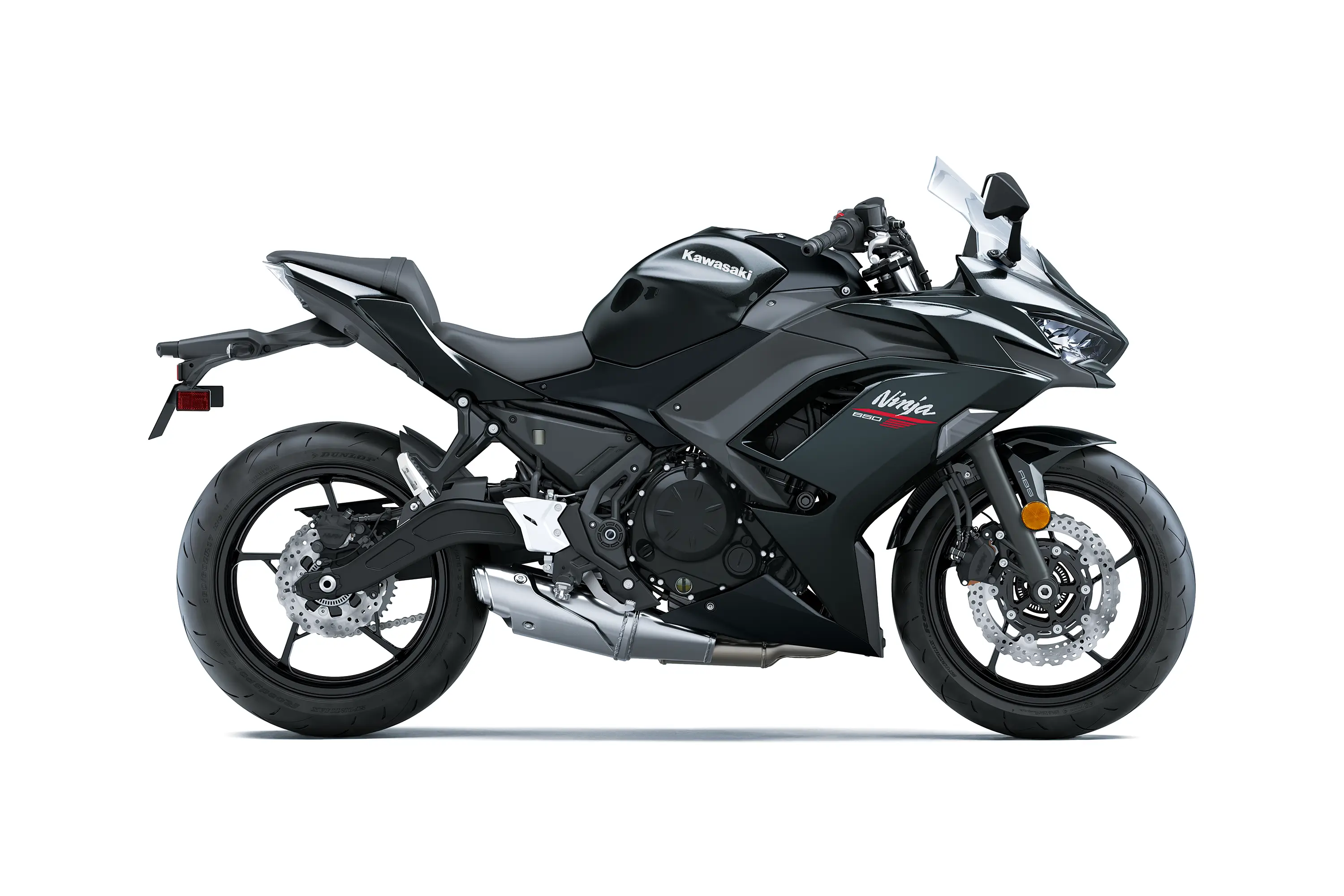 Side angle of a black motorcycle staged in a white studio background.