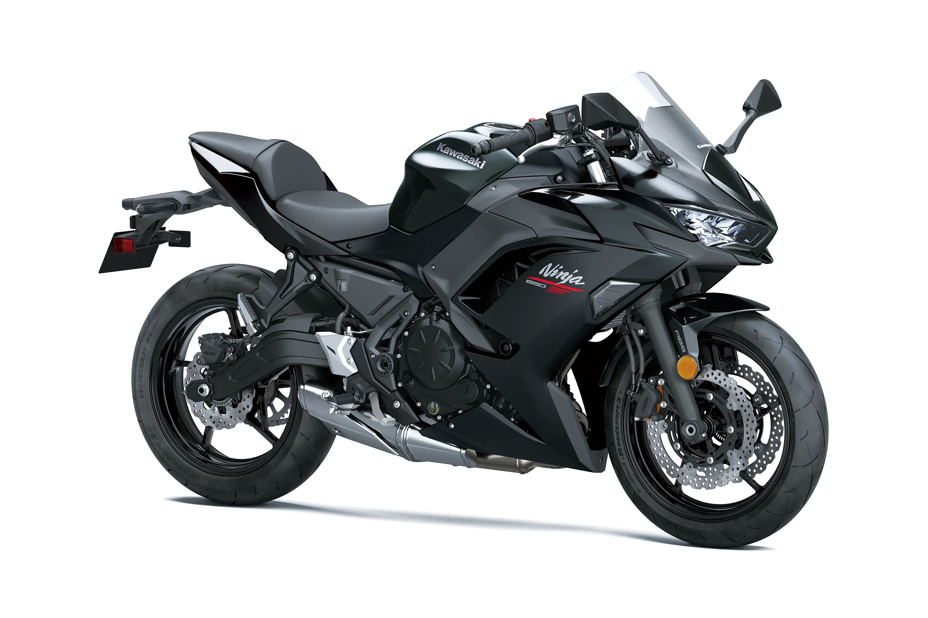 Three-quarter front angle of a black motorcycle staged in a white studio background.