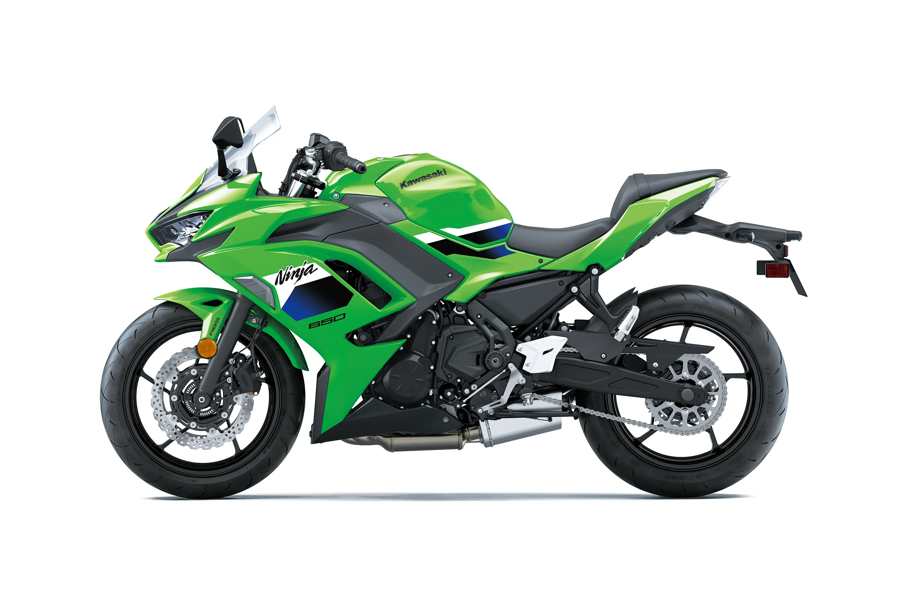 Side angle of a green motorcycle staged in a white studio background.