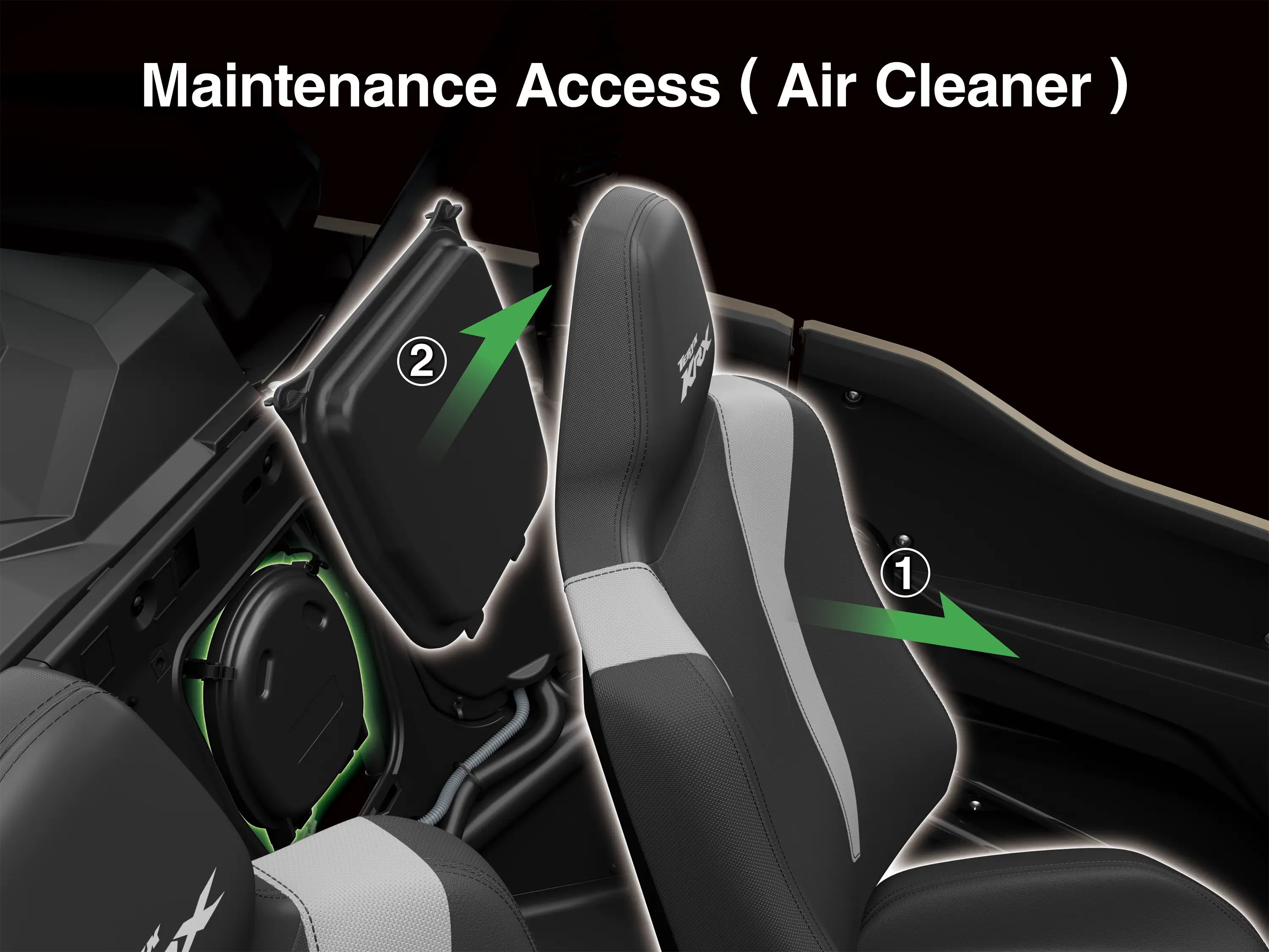 Graphic treatment showing air cleaner access on a side x side staged in a white studio background.