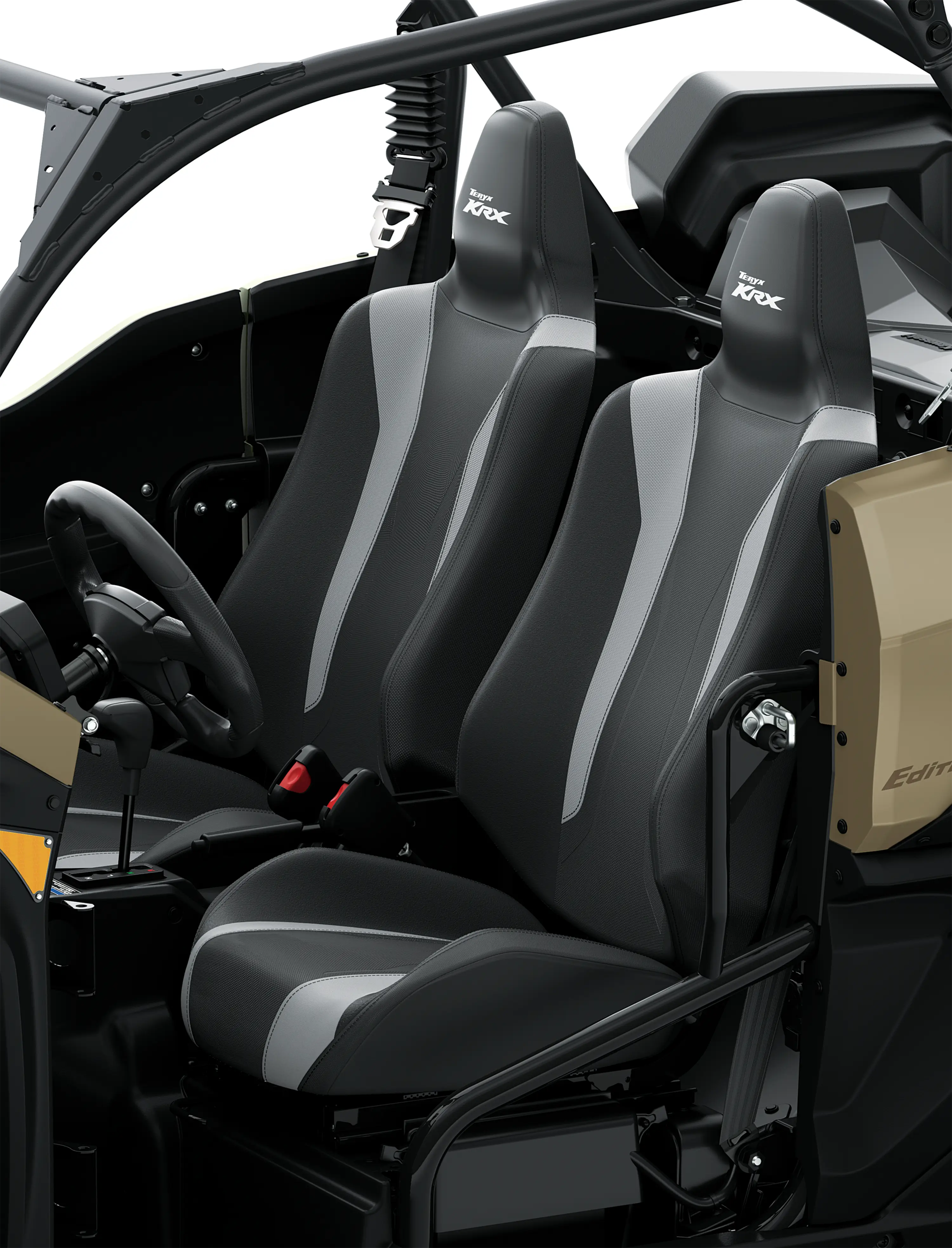 Close-up view of the seats in a side x side staged in a white studio background.