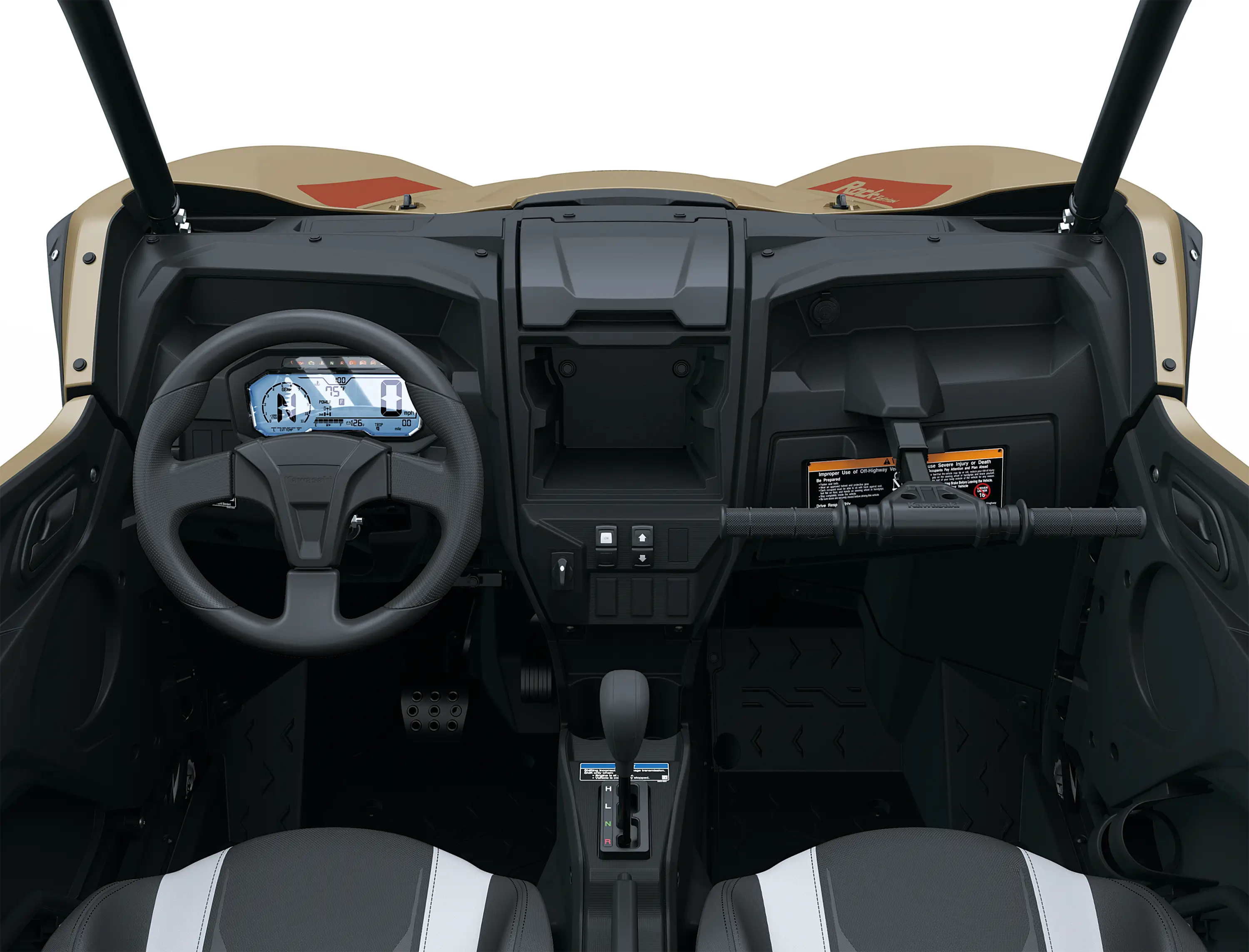 Close-up view of the steering wheel and rider controls in a side x side staged in a white studio background.