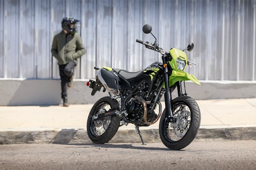 Three-quarter front angle of a motorcycle parked. opens in a new window