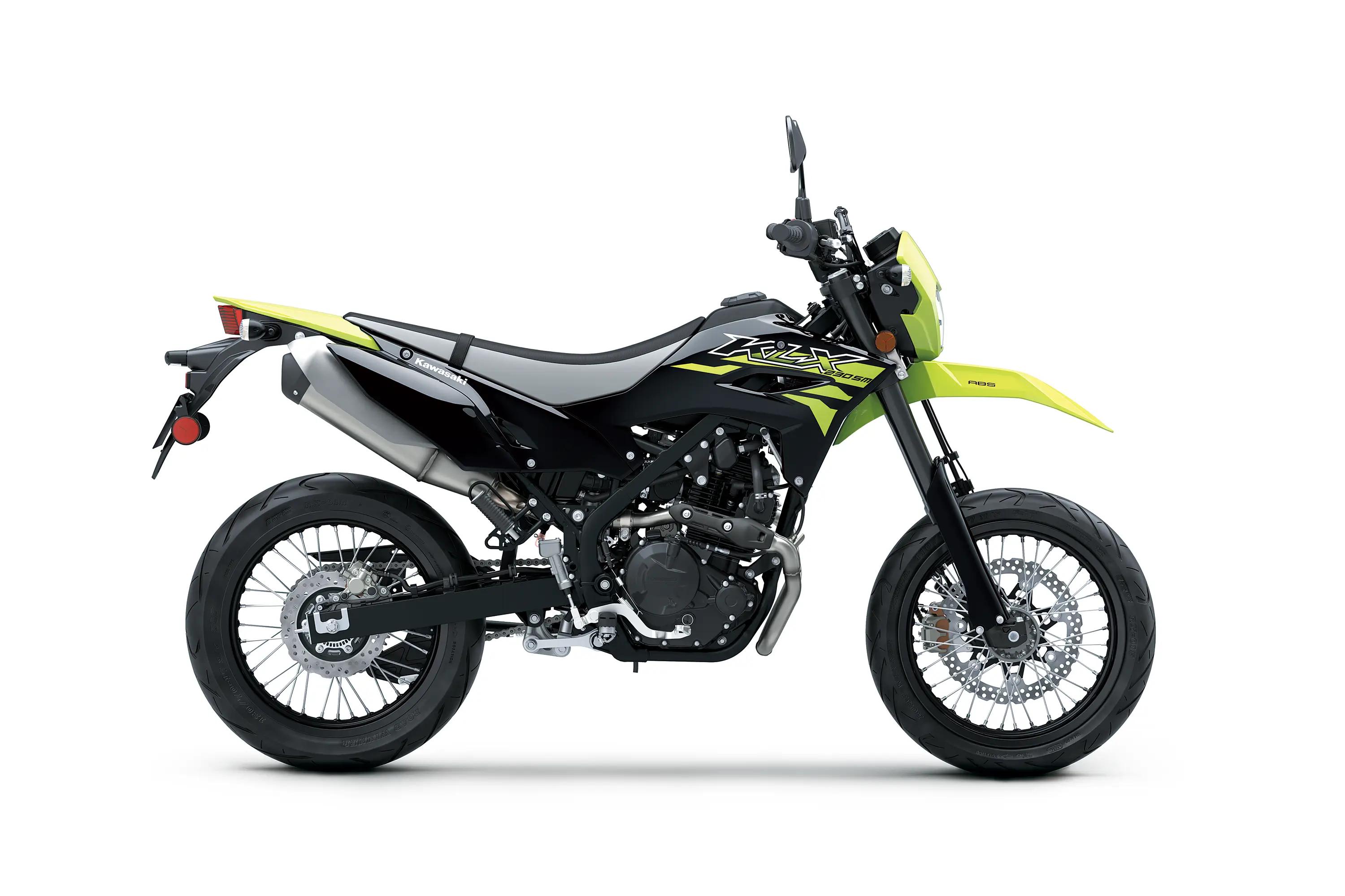 Profile angle of a motorcycle staged in a white studio background.