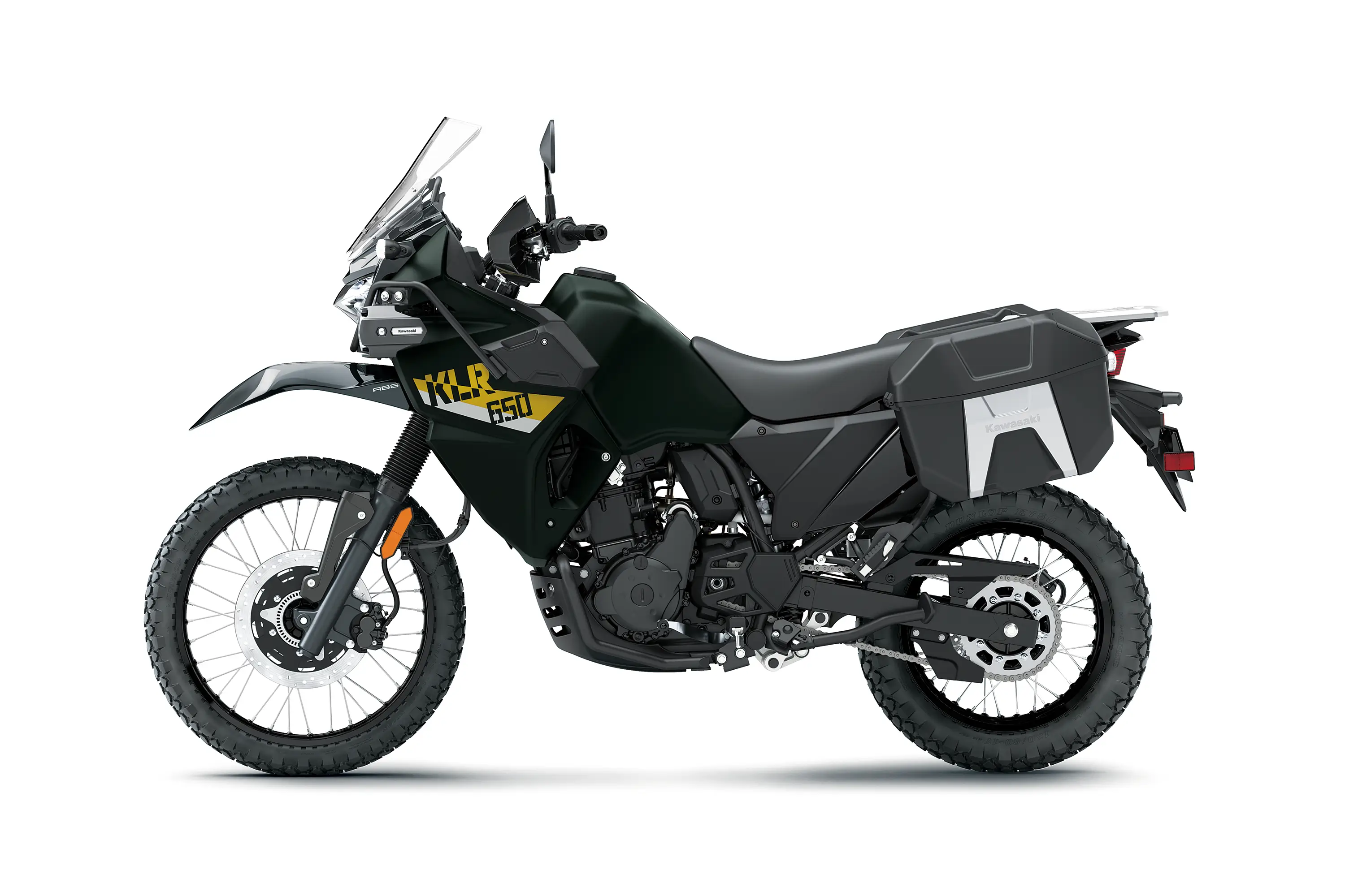 Side angle of a black motorcycle staged in a white studio background.