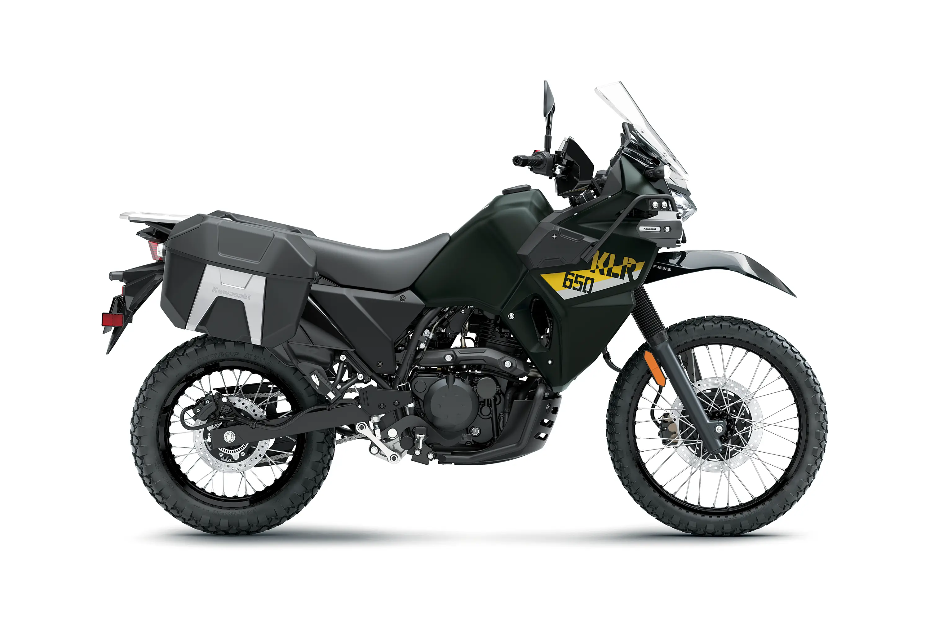 Profile angle of a black motorcycle staged in a white studio background.