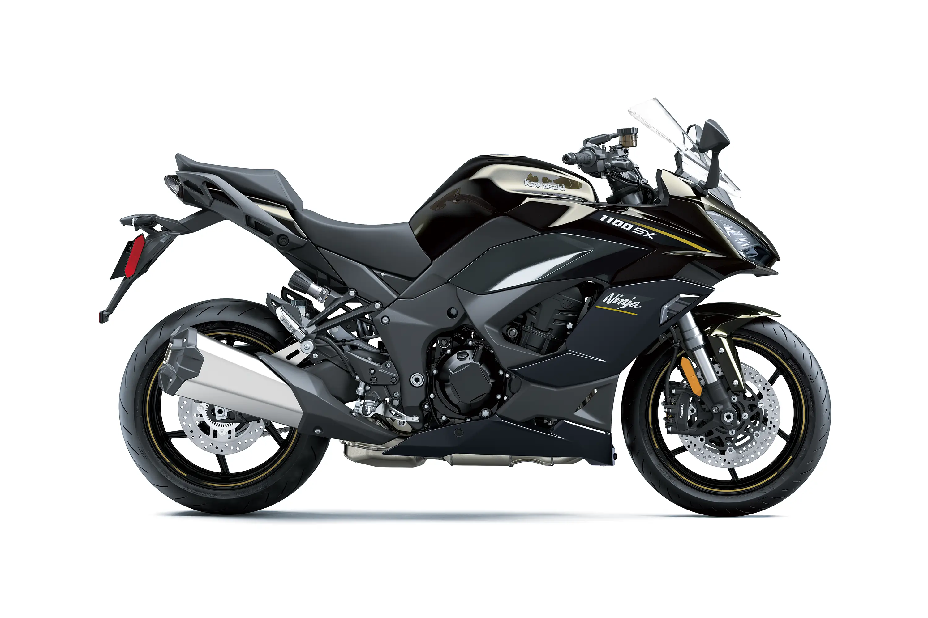 Side angle of a motorcycle staged in a white studio background.