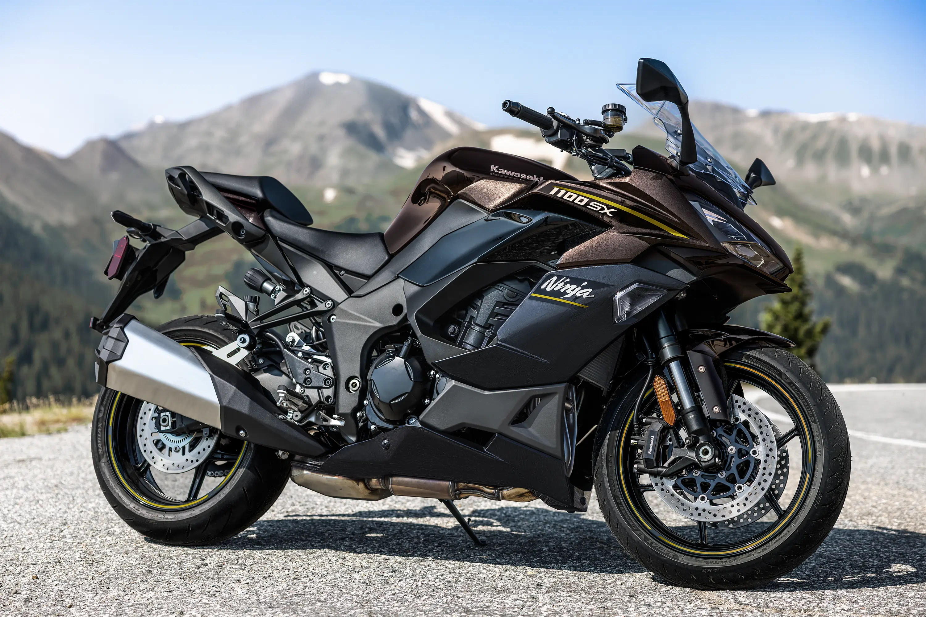 Side angle of a motorcycle parked.