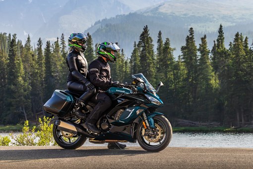 Side angle of a motorcycle parked next to a lake. opens in a new window