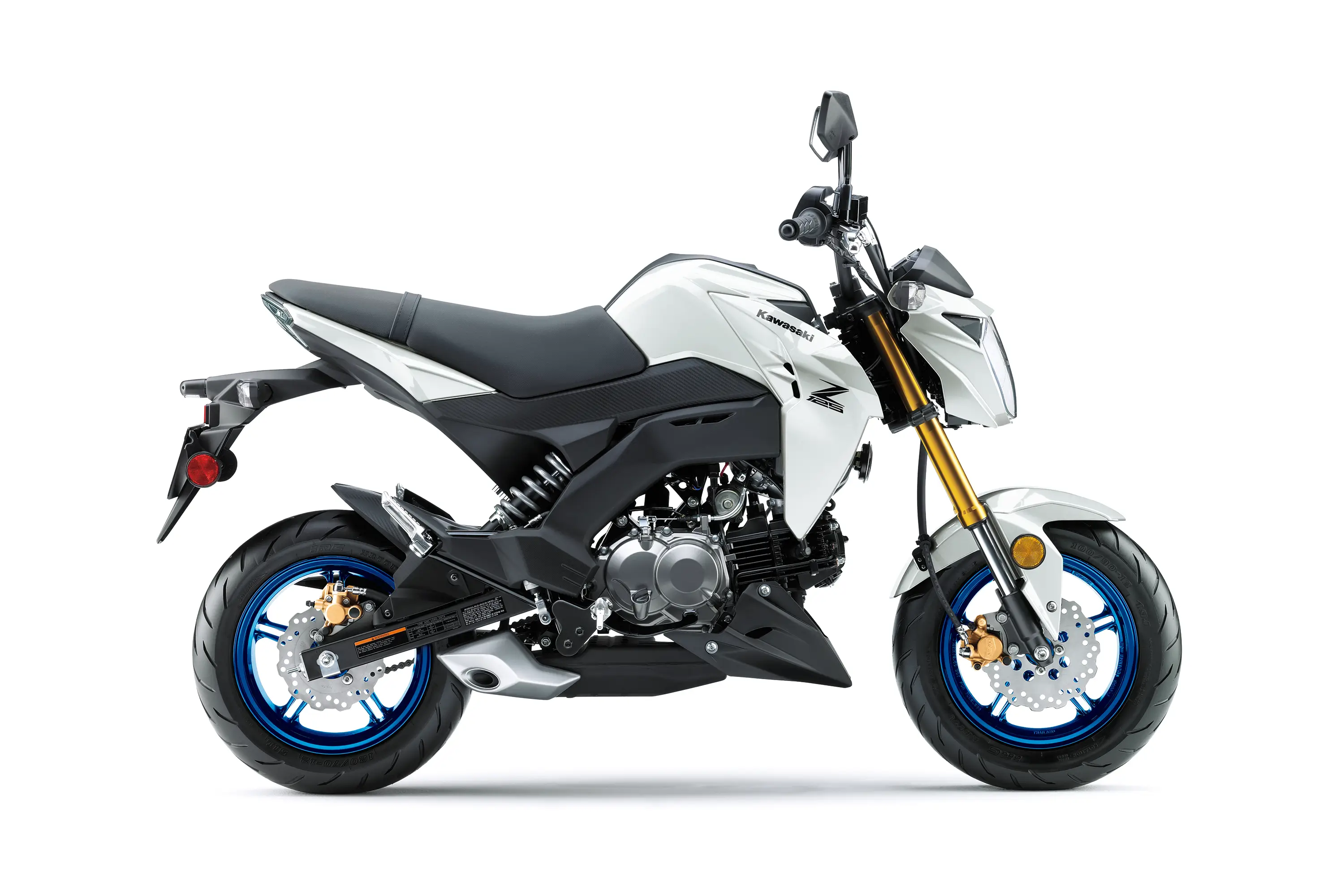 Profile angle of a white motorcycle staged in a white studio background.