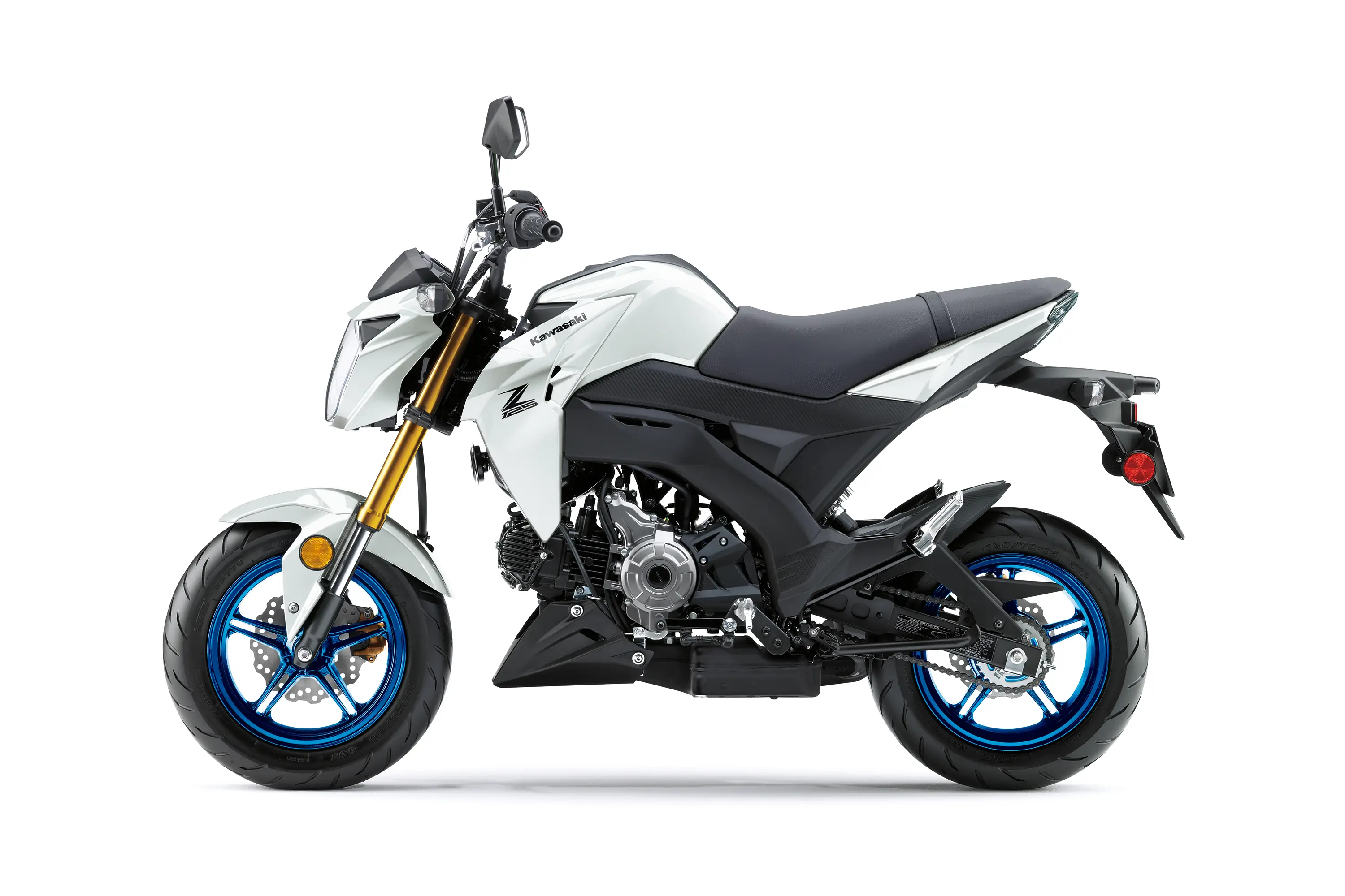 Side angle of a white motorcycle staged in a white studio background.