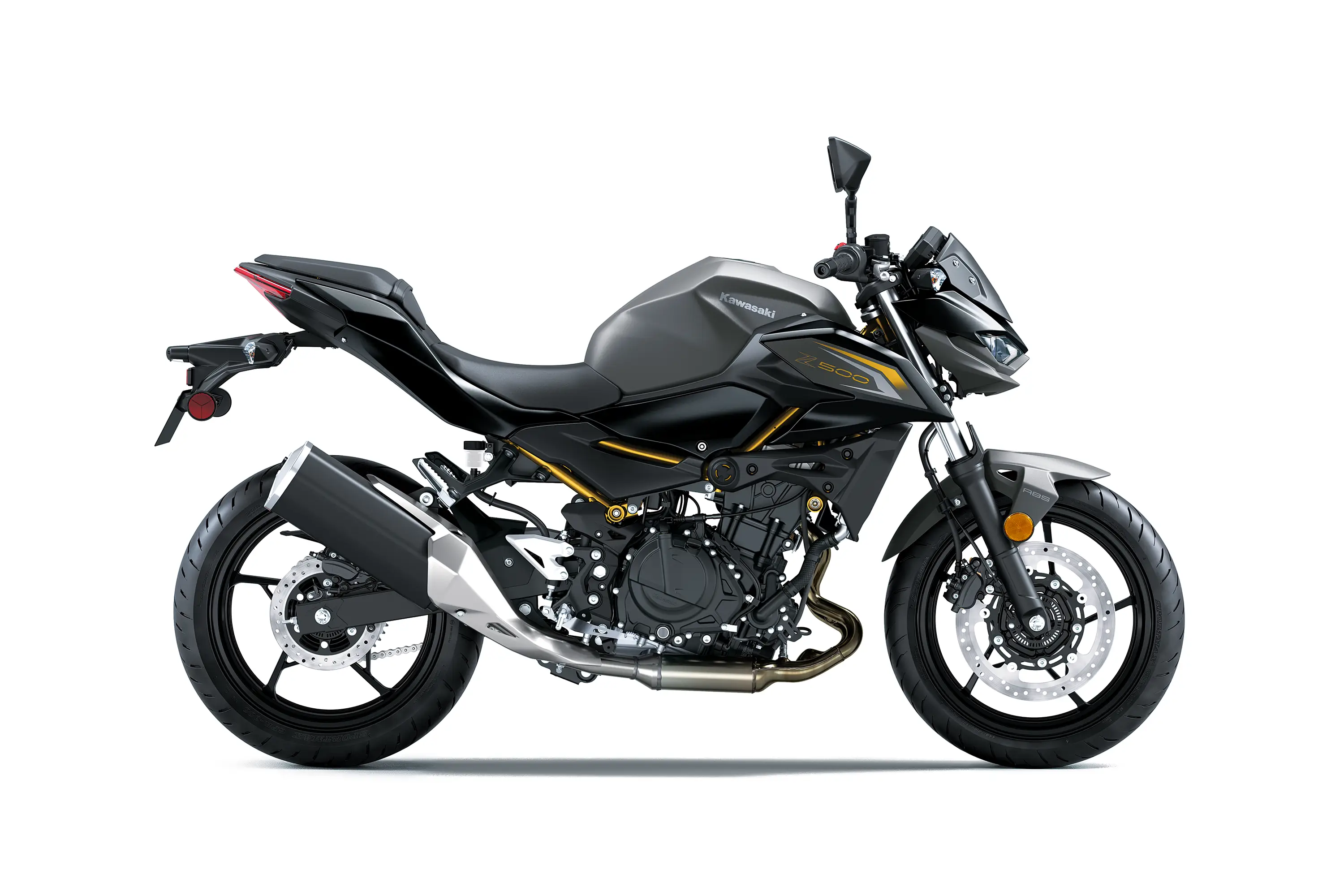 Side angle of a motorcycle staged in a white studio background.