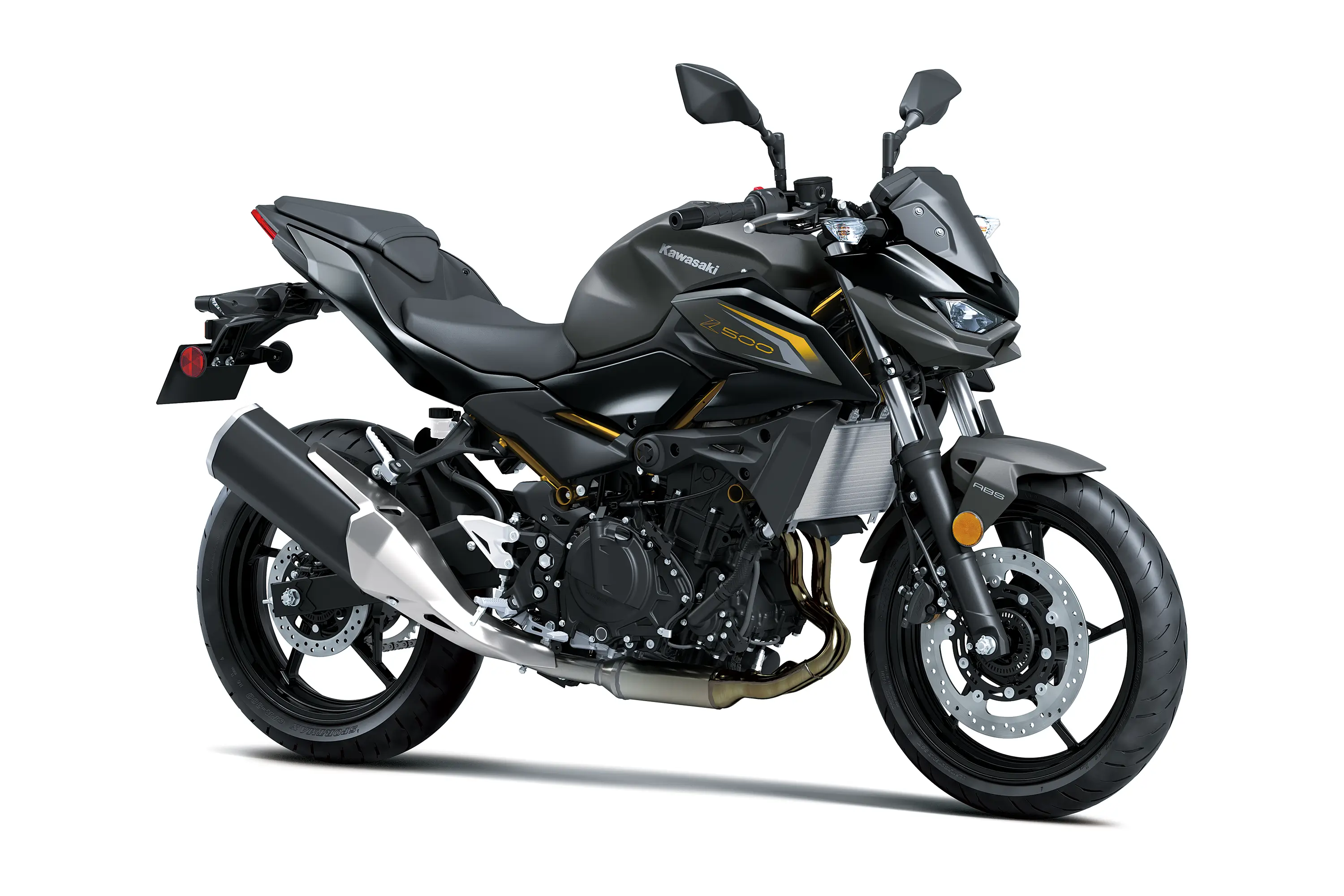 Three-quarter front angle of a motorcycle staged in a white studio background.