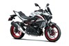Three-quarter front angle of a motorcycle staged in a white studio background.