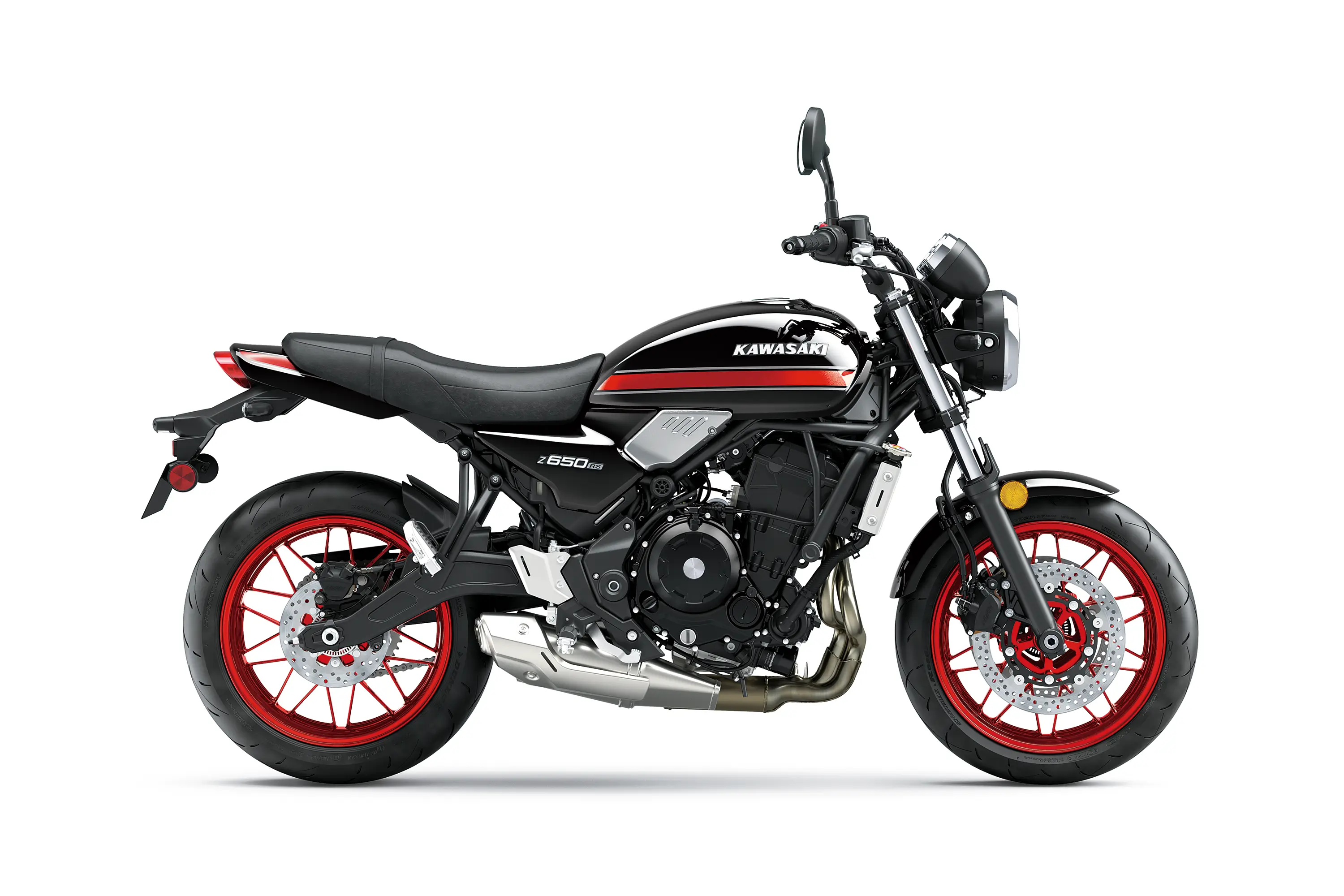 Side angle of a motorcycle staged in a white studio background.