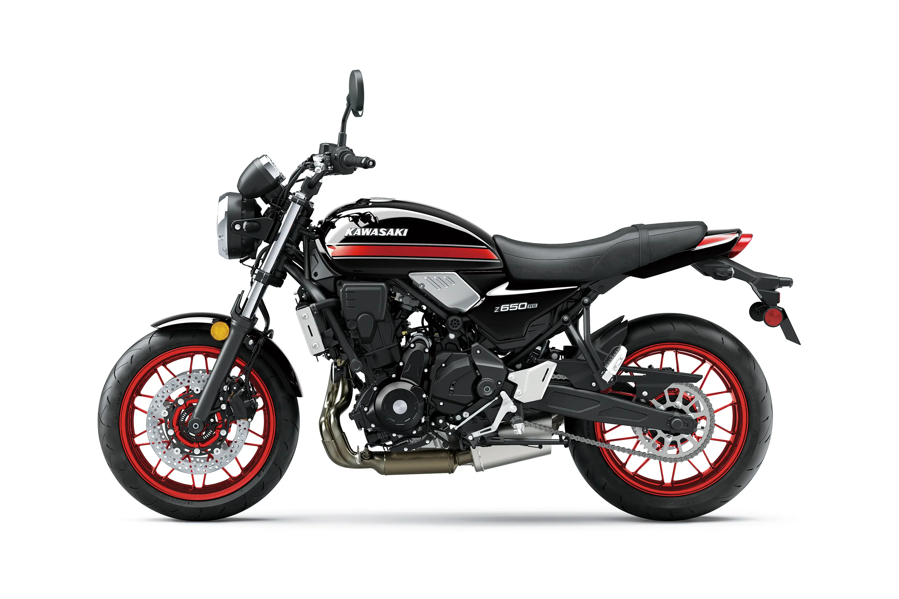 Profile angle of a motorcycle staged in a white studio background.