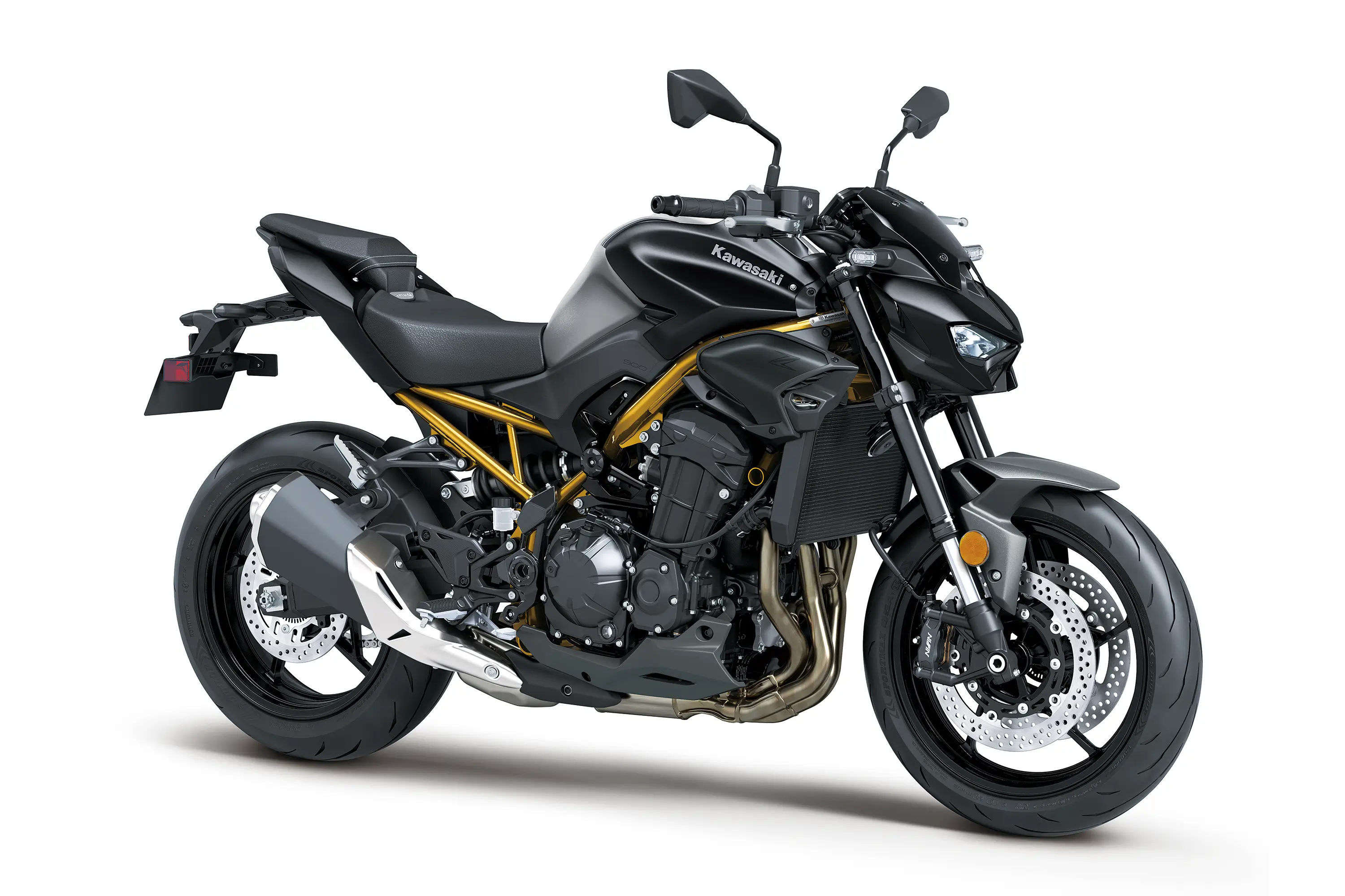 Three-quarter front angle of a motorcycle staged in a white studio background.