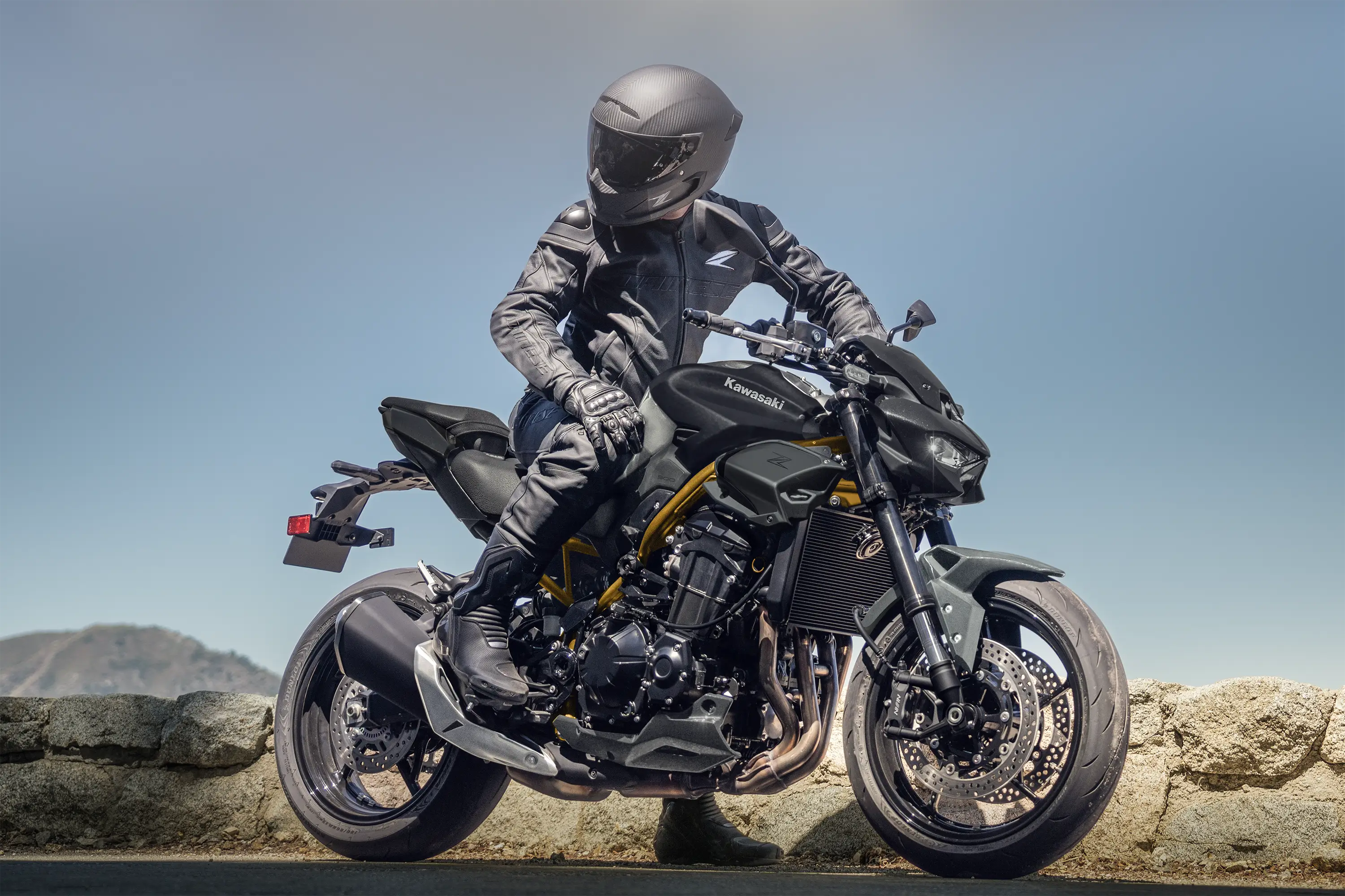 Side angle of a motorcycle parked.