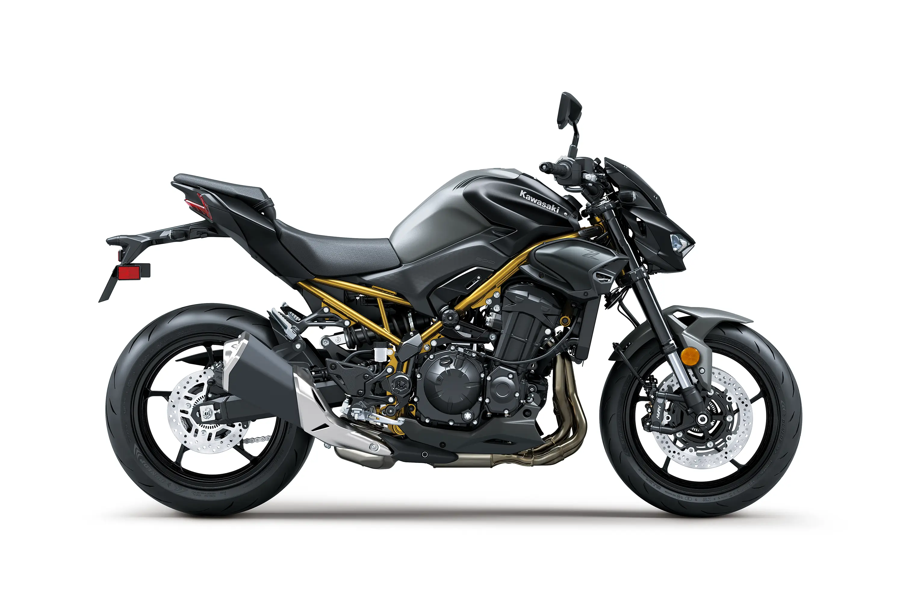 Side angle of a motorcycle staged in a white studio background.