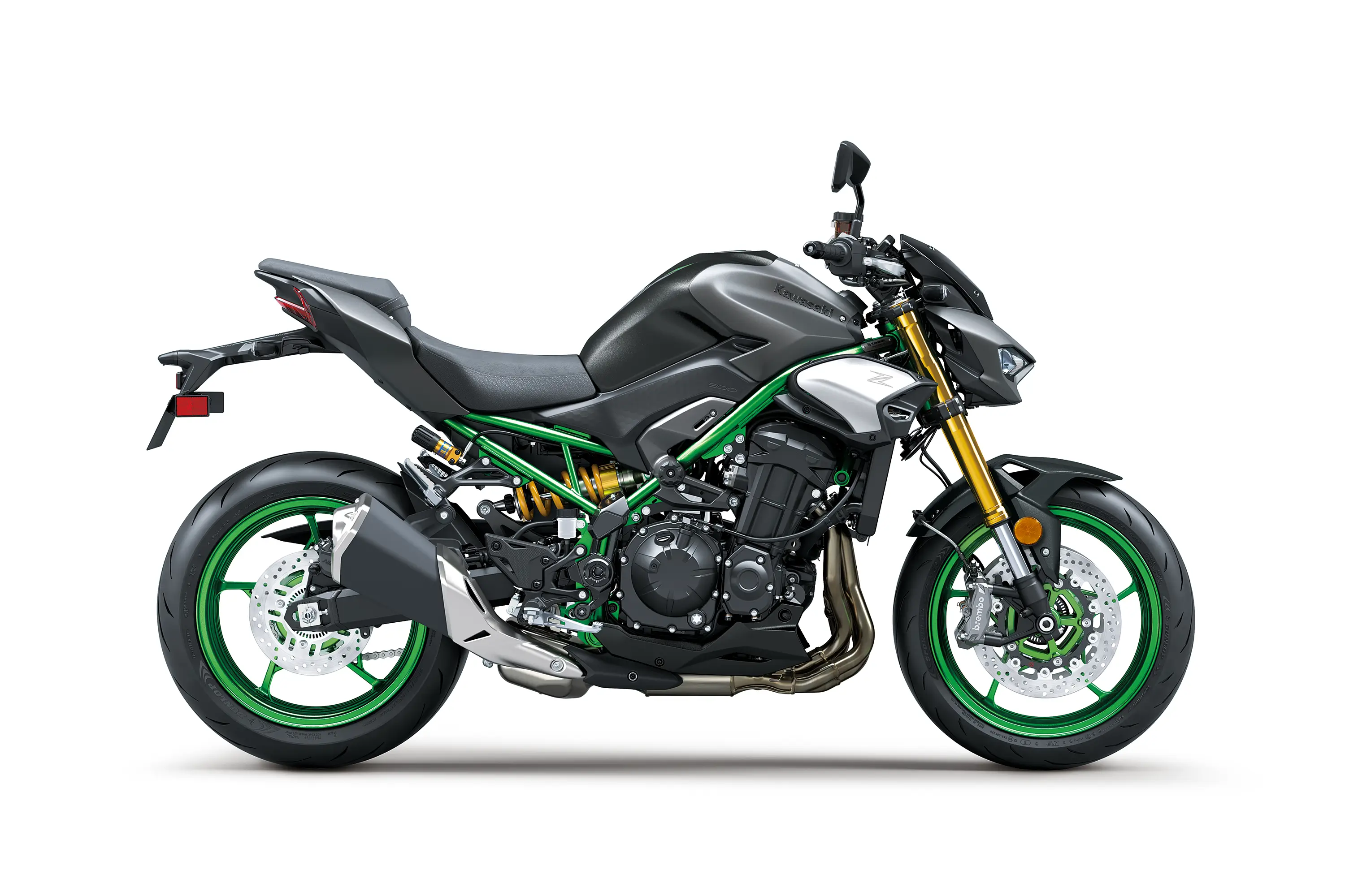 Side angle of a motorcycle staged in a white studio background.