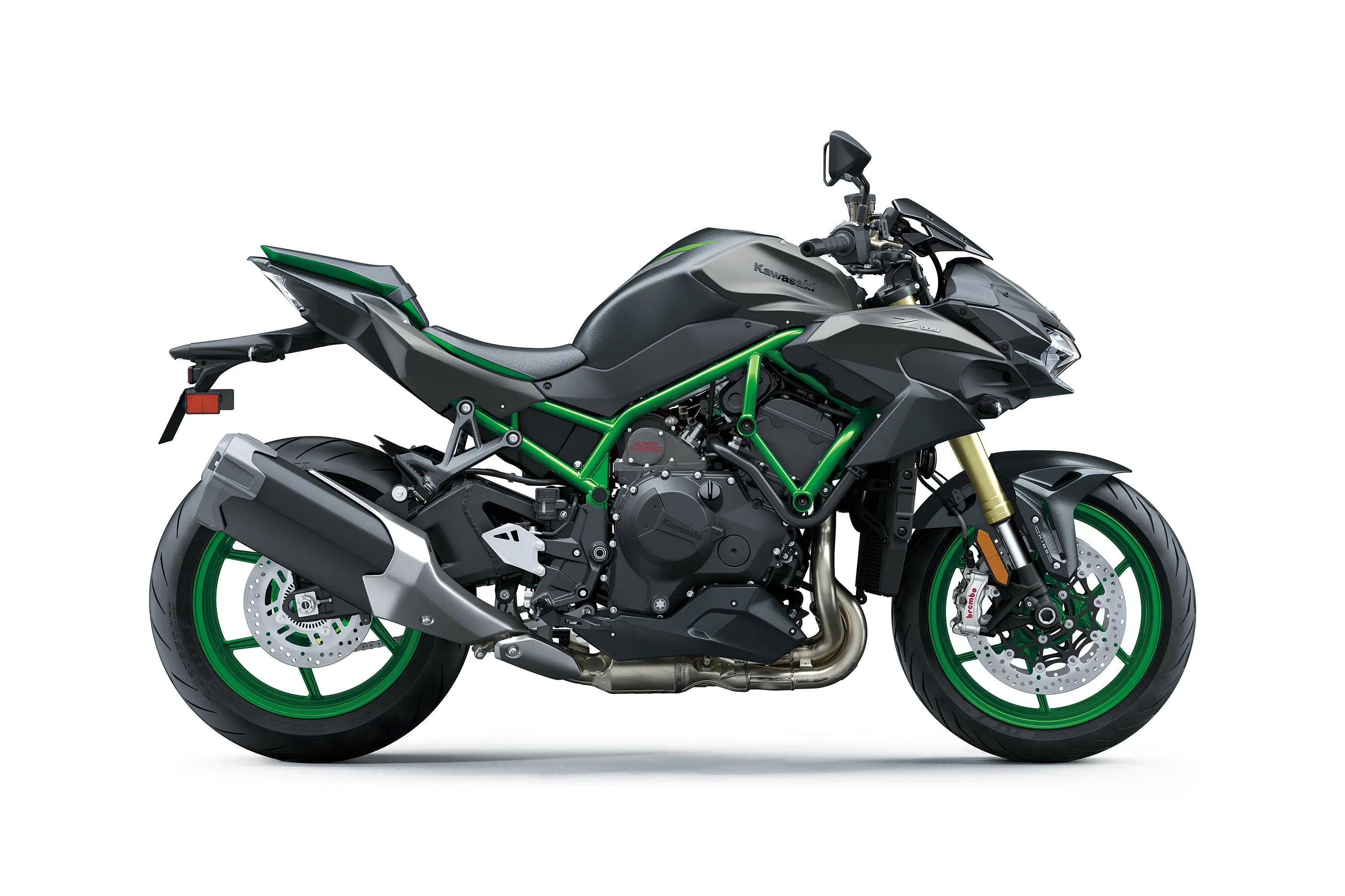 Side angle of a motorcycle staged in a white studio background.
