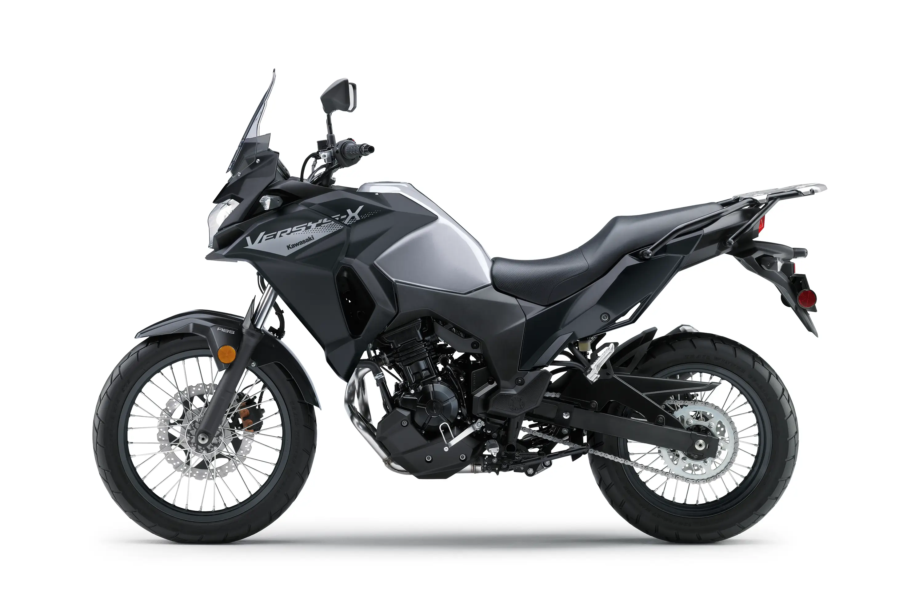 Profile angle of a motorcycle staged in a white studio background.