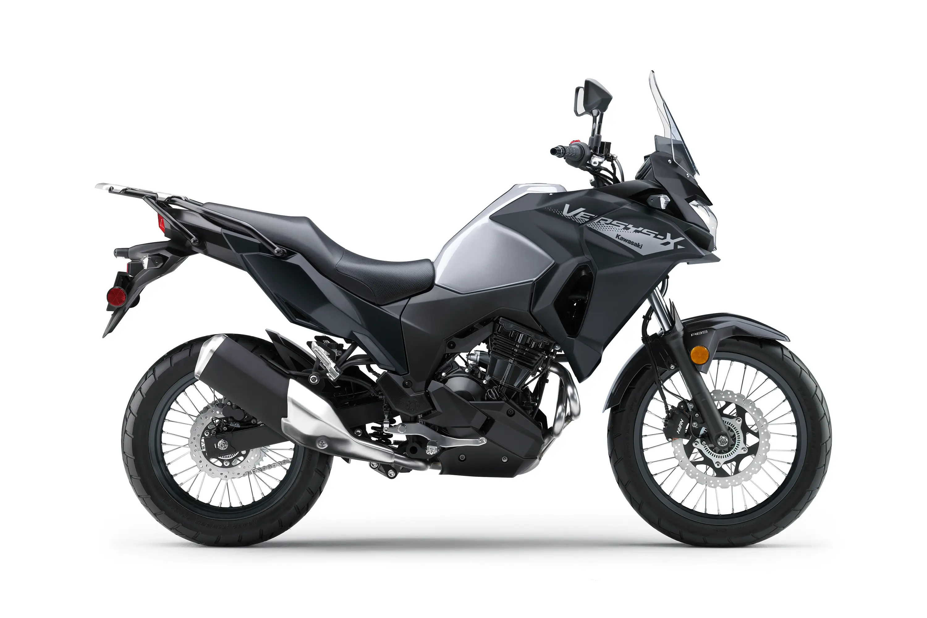 Side angle of a motorcycle staged in a white studio background.