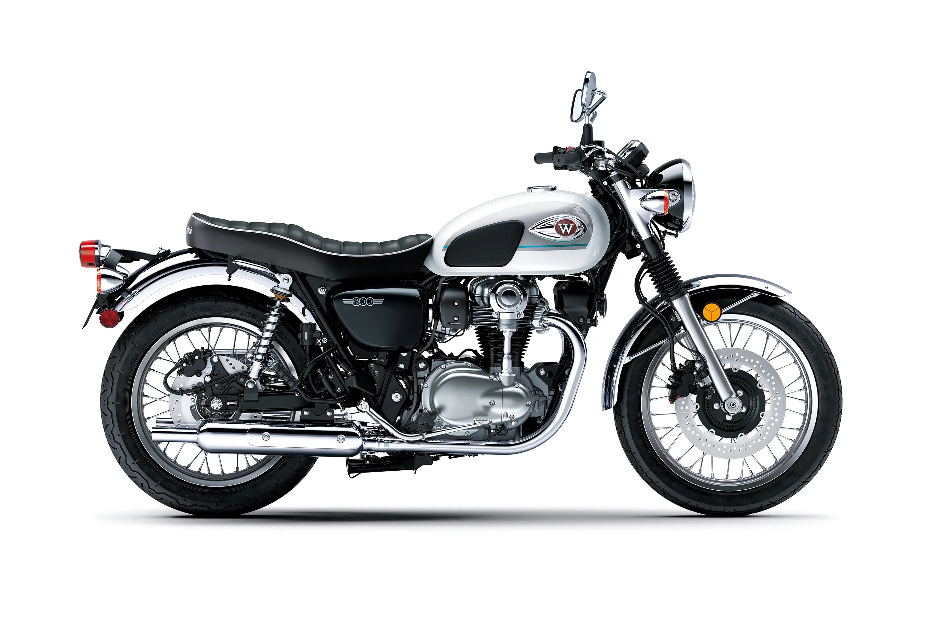 Side angle of a motorcycle staged in a white studio background.