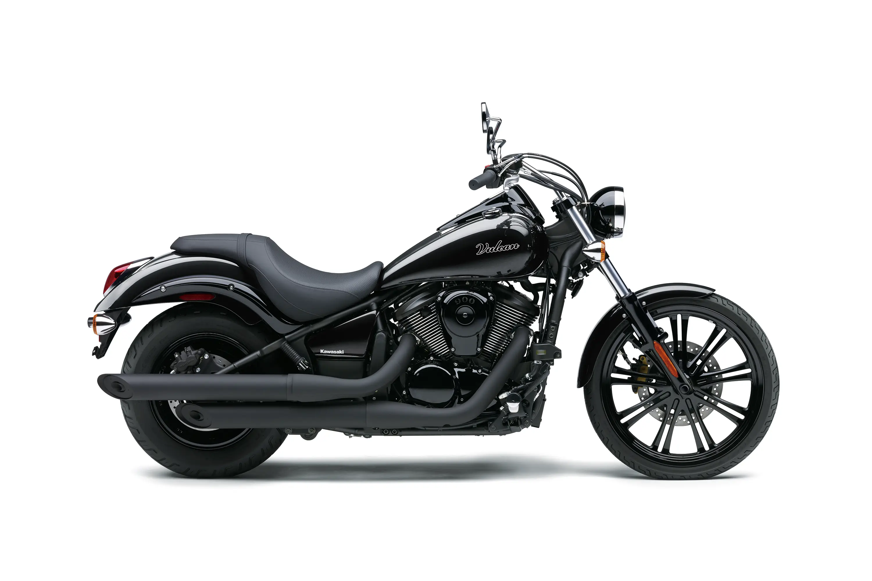 Side angle of a motorcycle staged in a white studio background.