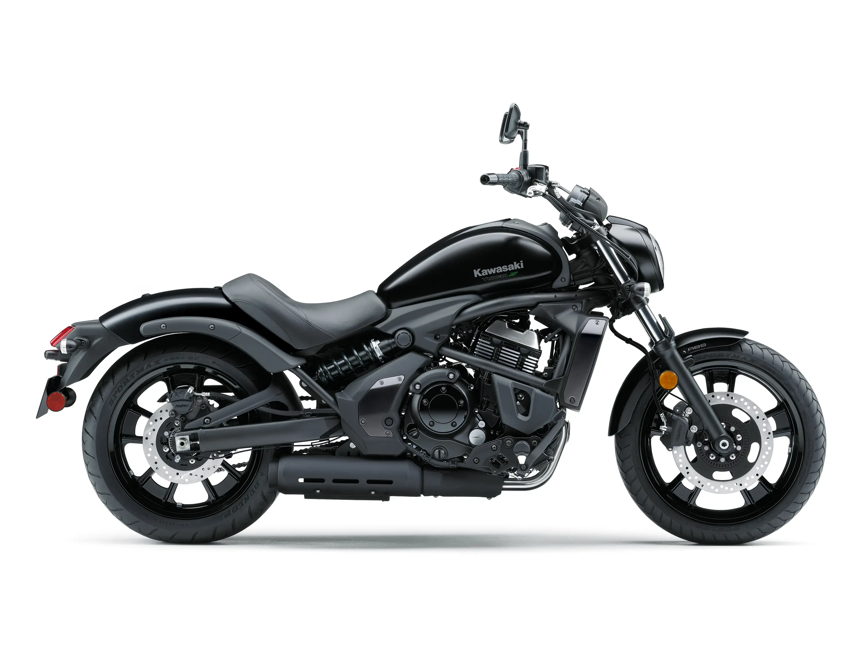 Profile side angle of a motorcycle staged in a white studio background.