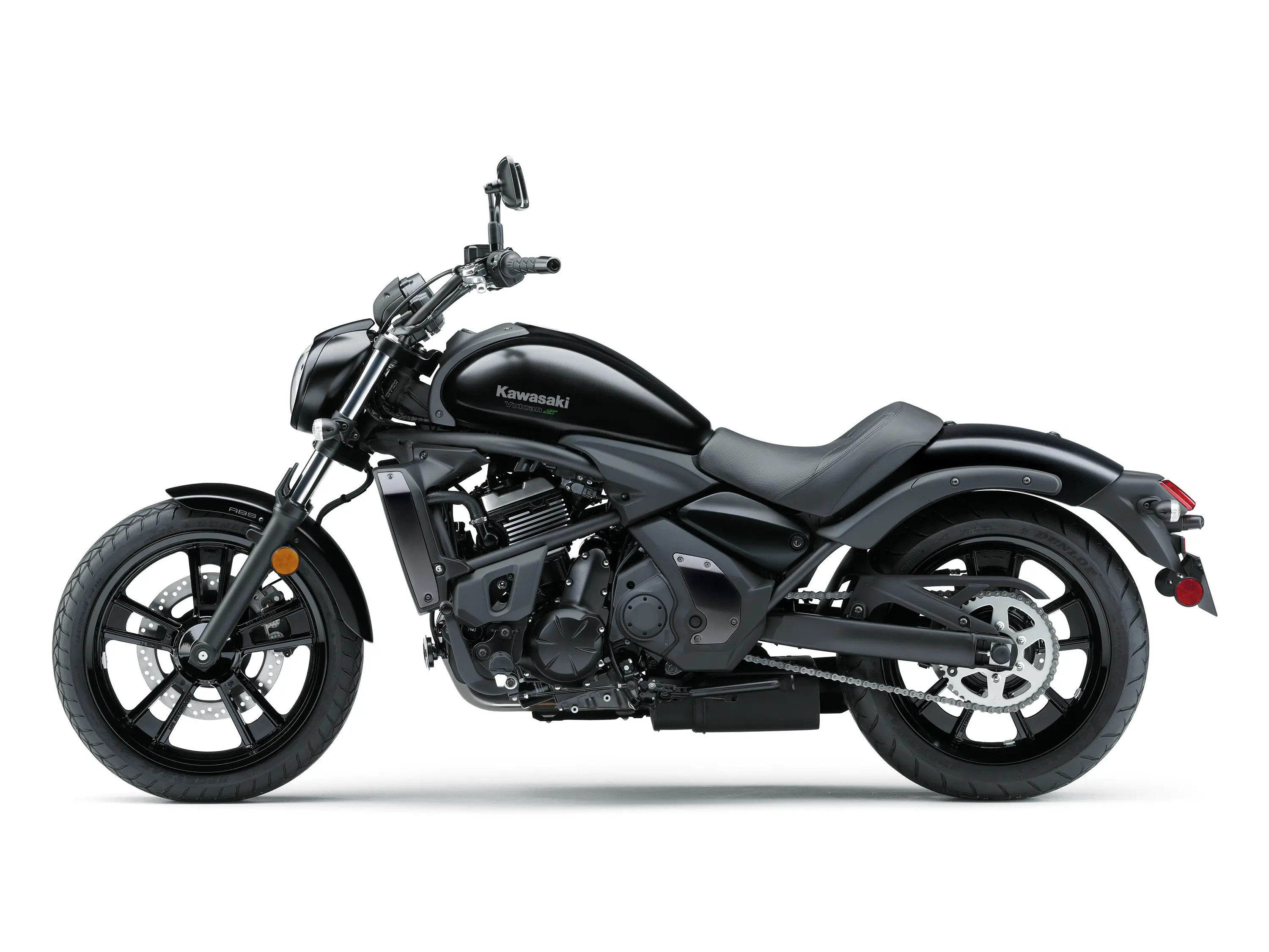 Side profile angle of a motorcycle staged in a white studio background.